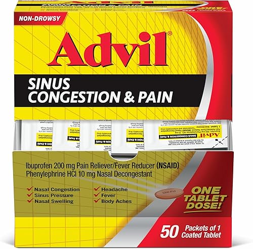 Advil Congestión sinusal y dolor, medicina de alivio sinusal, analgésico y reductor de fiebre con ibuprofeno y fenilefrina HCl - 50 tabletas