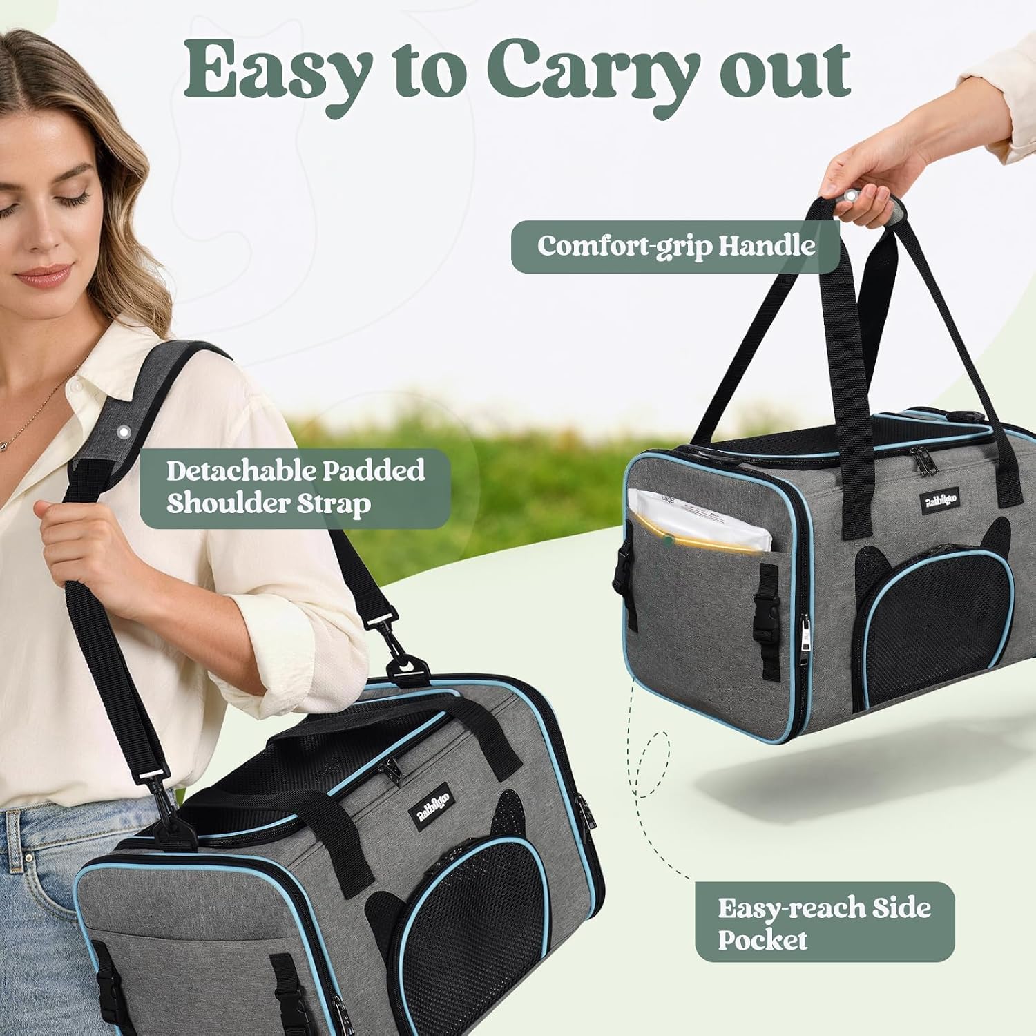 rabbitgoo Cat Carrier Soft Sided, Stable Portable Pet Carrier with Safety Buckles for Car Travel Vet Visit Airline, Comfortable Breathable Kitten Bag for Small Medium Cat, Grey, 17x11x11 inch