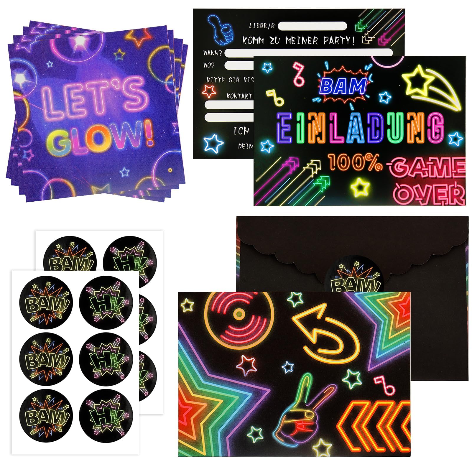 12 Biglietti D'Invito Per Festa Di Compleanno Bambini Con Tema Cartoon – 12 Buste E 12 Adesivi Inclusi – Formato 15x11 Cm – Neon