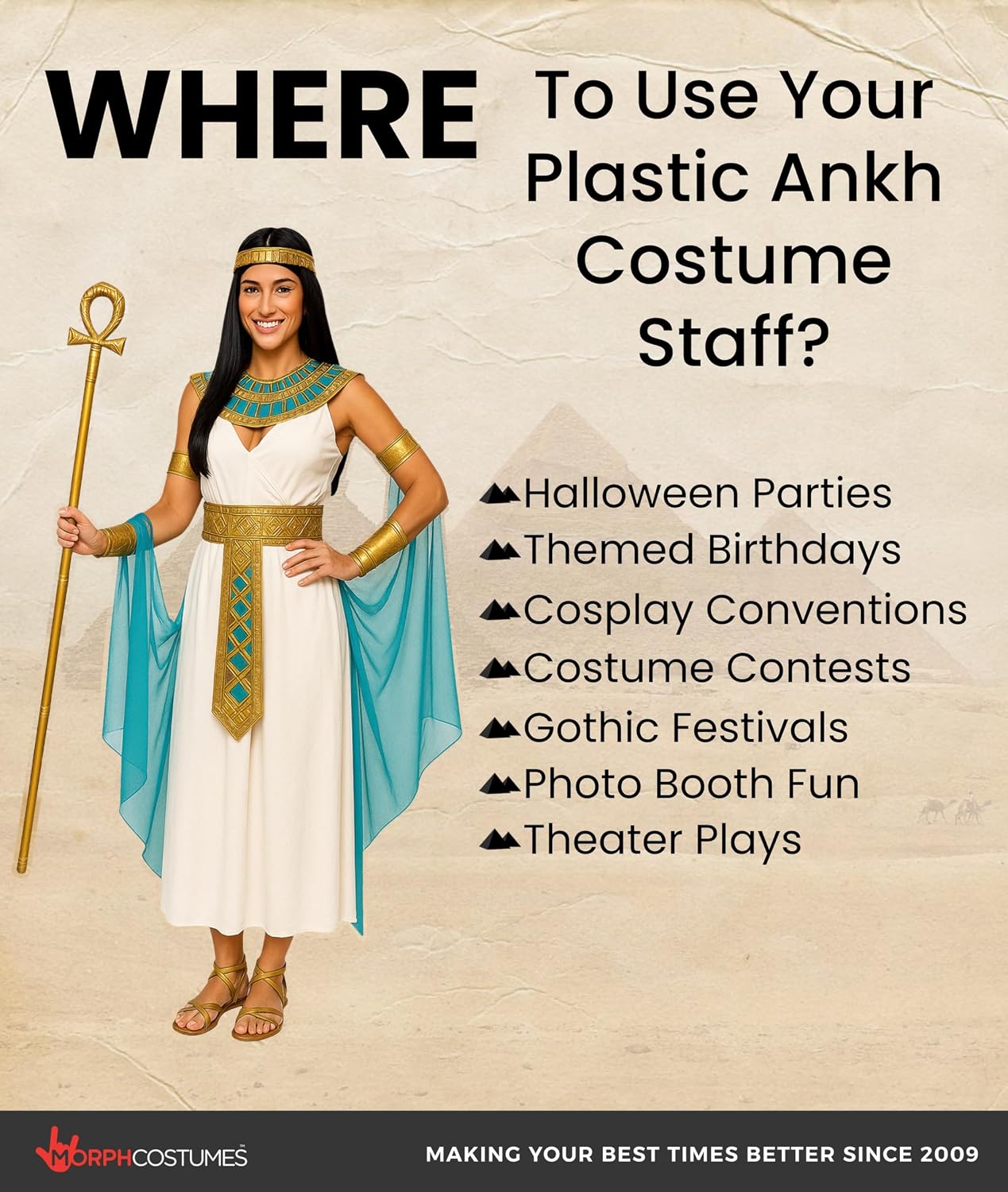 Morph Gold Ankh Staff - Pharaoh Anubis King TUT Scepter - Egyptian Cane Cosplay Halloween Costume Prop, Gold, One Size