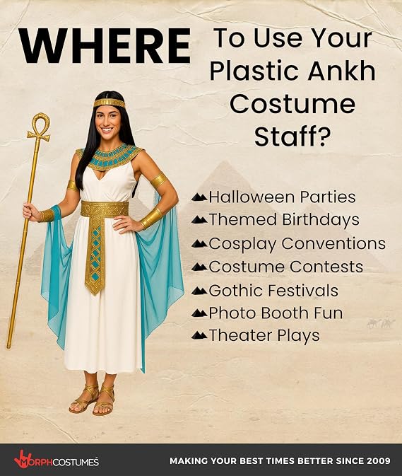 Morph Gold Ankh Staff - Pharaoh Anubis King TUT Scepter - Egyptian Cane Cosplay Halloween Costume Prop, Gold, One Size