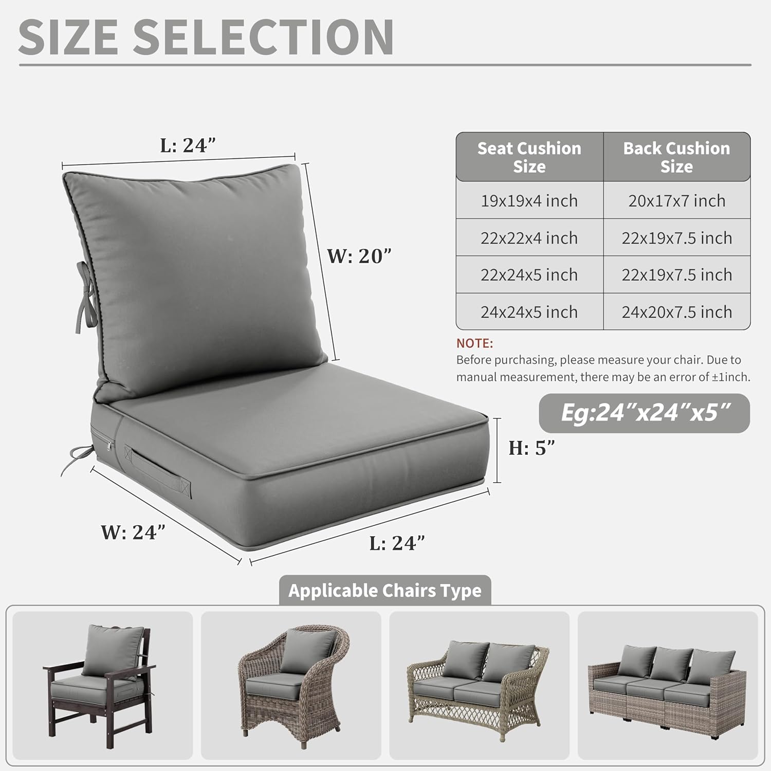 Premium Outdoor Seat Cushion Chair Cushions for Patio Furniture 24 L X 24 W X 5 H Waterproof & Fade Resistant Deep Seat and Backrest Cushion Set with Removable Covers for Chair, Sofa