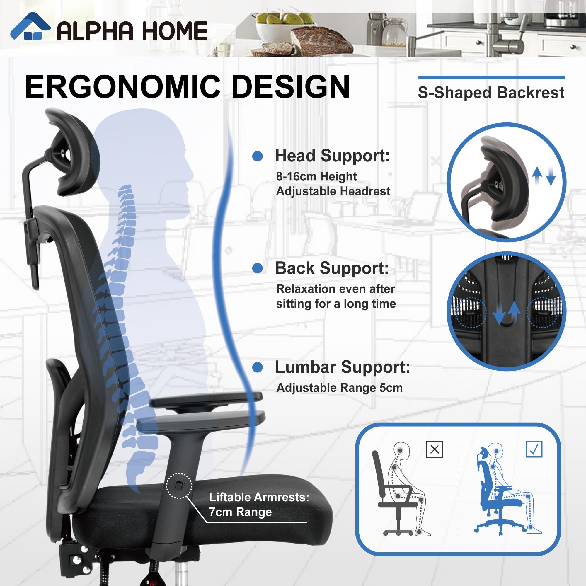 ALPHA HOME Sedia da ufficio ergonomica in rete, con schienale alto, per computer, casa e ufficio, inclinabile a 90-135°, con poggiatesta regolabile, supporto lombare e braccioli, per lavoro e studio