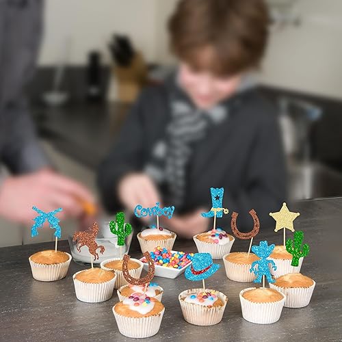 Miniatura 6 de 36 adornos de vaquero para cupcakes con purpurina, zapatos de caballo de vaquero, botas, cactus, pistola, cupcake pics, temática occidental, baby