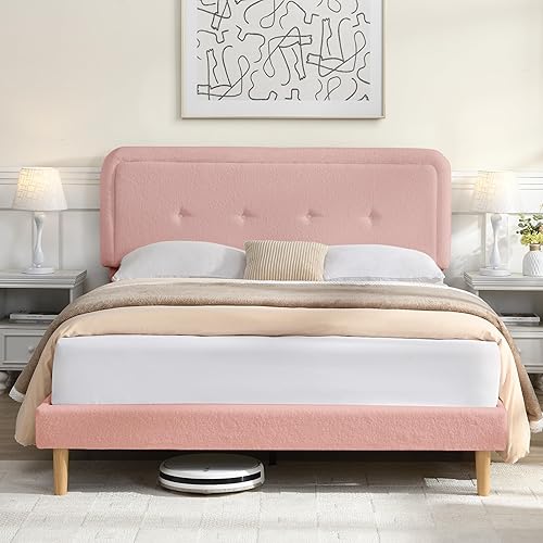 Base de cama de tamaño matrimonial con cabecera ajustable, moderna cama tapizada suave y bonita con tela de bucle, marco de cama para niñas, fácil