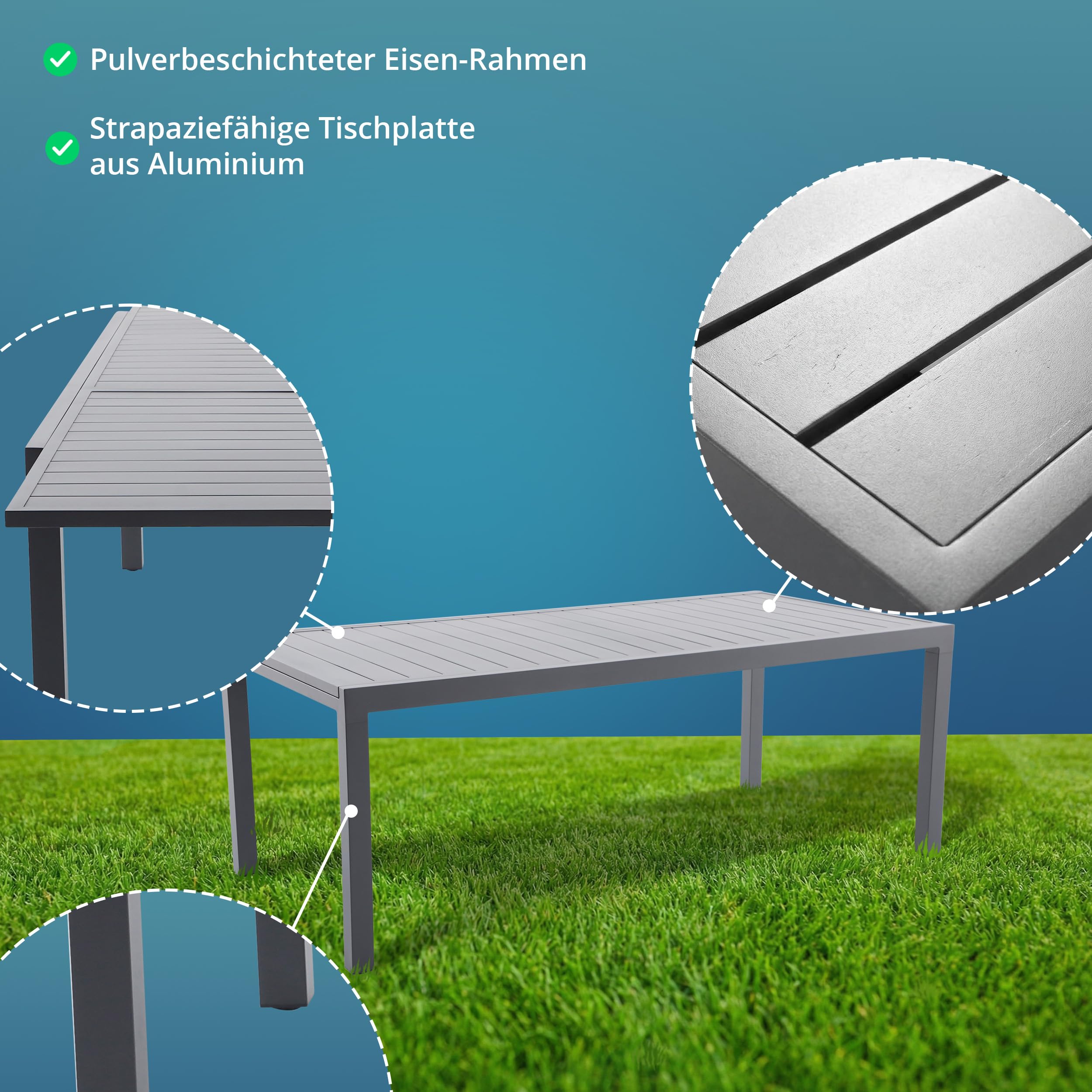 KHG Gartentisch ausziehbar Grau, Ausziehtisch aus Eisen-Gestell und Aluminium Tischplatte für 10 Personen, wetterfest UV-beständig, 100x75x203-320 cm