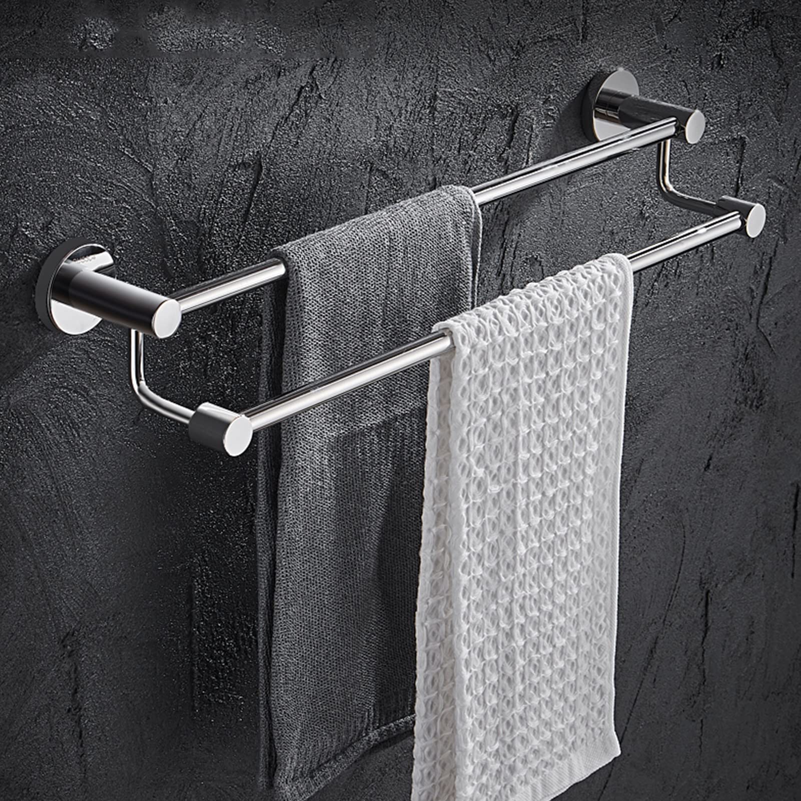 Barra Doble para Toallas Redonda de Acero Inoxidable, para Montaje en Pared, Ajustable de 30 cm a 120 cm. Soporte para Toallas de baño de fácil instalación con Tornillos.