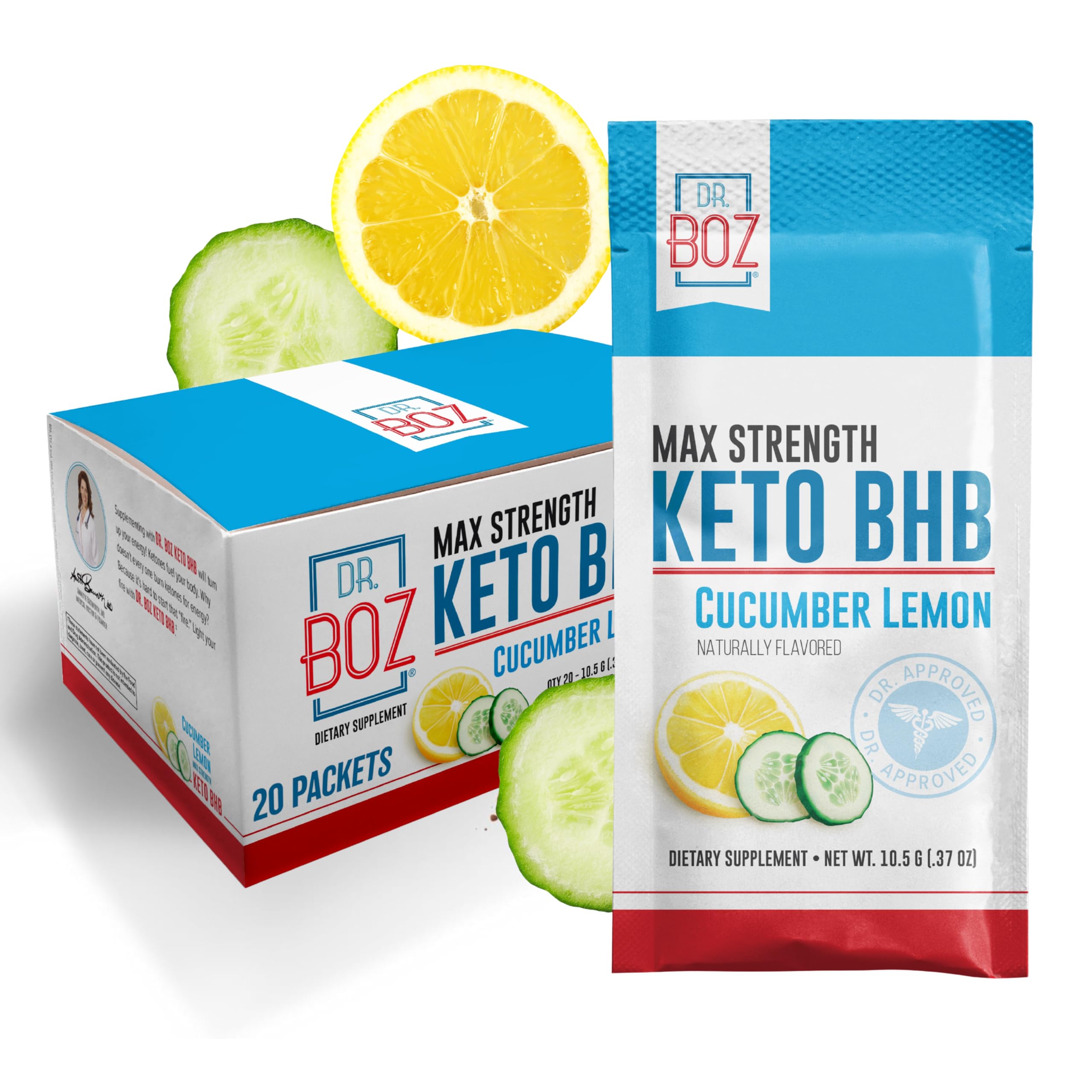 Dr. Boz - Keto BHB Powder - Cucumber Lemon, 20 Packets - Ketones Drink - Increase Energy & Reduce Cravings - Max Strength Dietary Supplement - Quality Tested - Made in The USA - 10.9oz (310g)