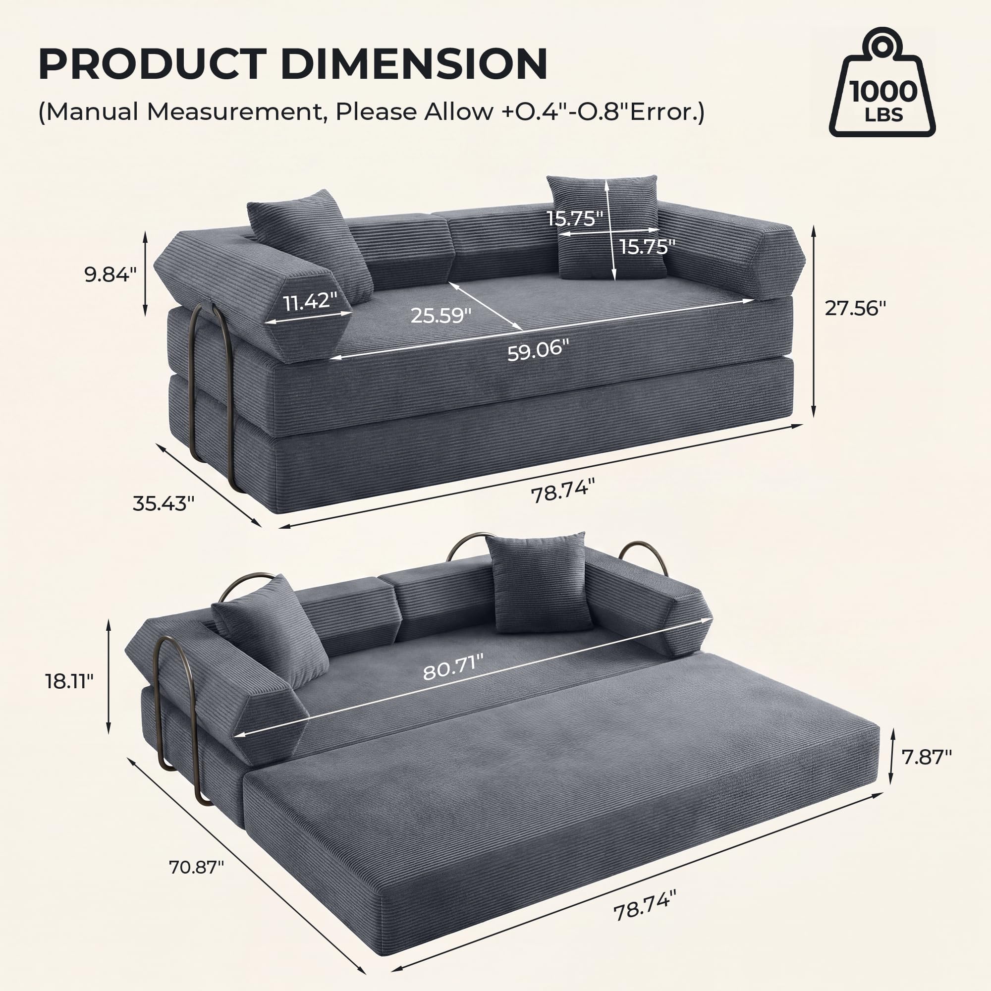 79" Boneless Couch, Convertible Futon Sofa Bed, Corduroy Sleeper Sofa | Mattress-Grade Pocket Spring Core, Floor Couch for Living Room, Bedroom, Apartment & Guest Room, Dark Gray