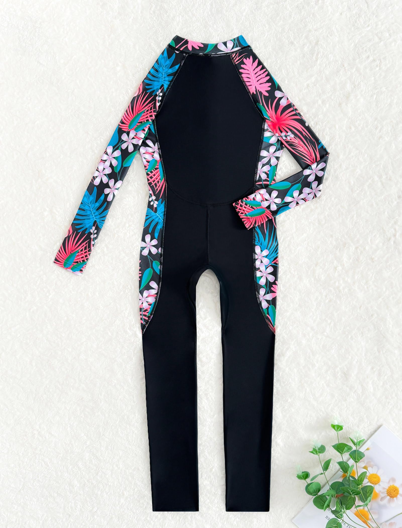 IMEKIS Maillot de bain une pièce pour fille - Manches longues - Imprimé floral - Fermeture éclair - UPF 50+ - Maillot de bain modeste pour sports nautiques