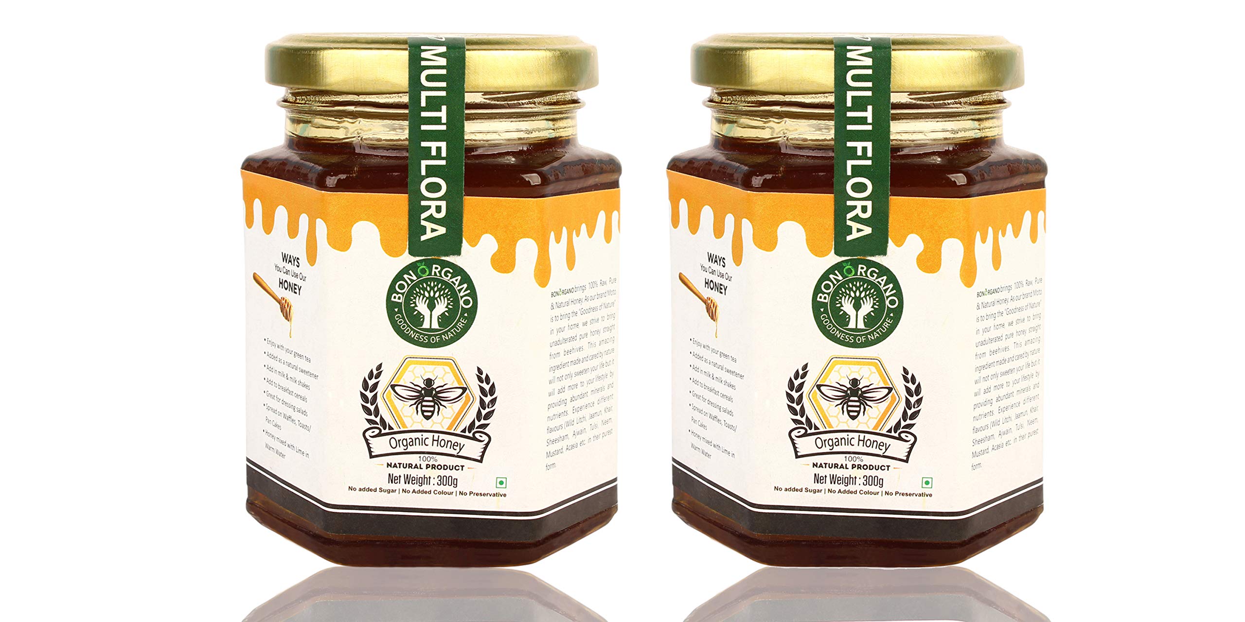 BON ORGANO Unprocessed Pure Multiflora Organic Raw Honey, 300 GMS (Set of 2)