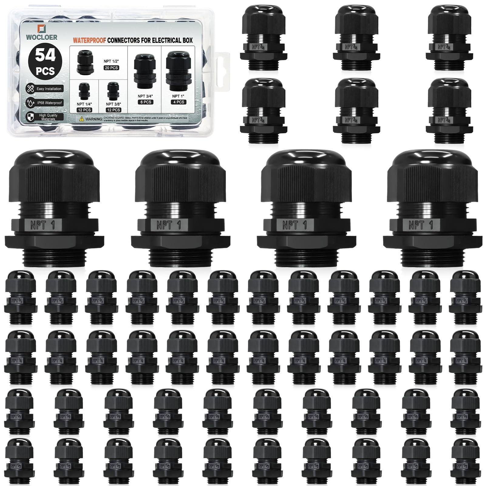 Wocloer 54 Pcs Cord Grip Cable Glands Kit, 1/4" 3/8" 1/2" 3/4" 1" NPT Black IP68 Waterproof Adjustable Nylon Strain Relief Cable Connectors for Electrical Box-image-35