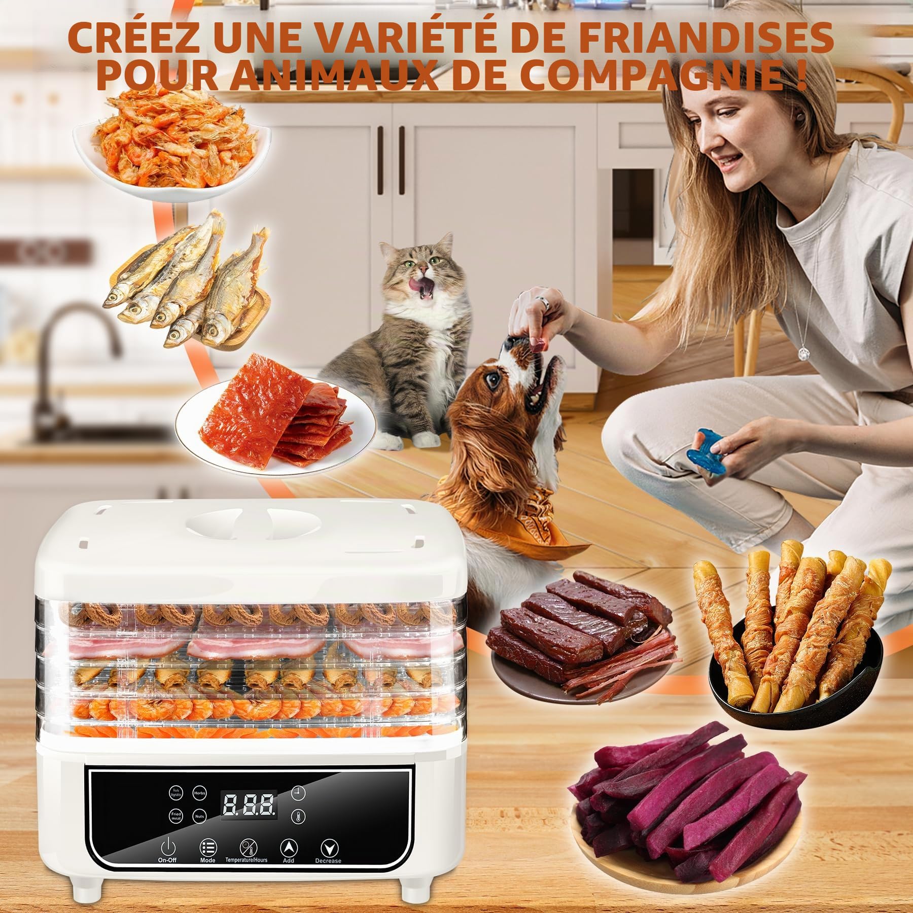 KingSom Déshydrateur Alimentaire, Déshydrateur à 5 Plateaux Réglables en Hauteur, Déshydrateurs d'Aliments avec Minuterie 72H et Température 35-70°C, 4 Modes, Deshydrateur Fruits et Legumes, Sans BPA