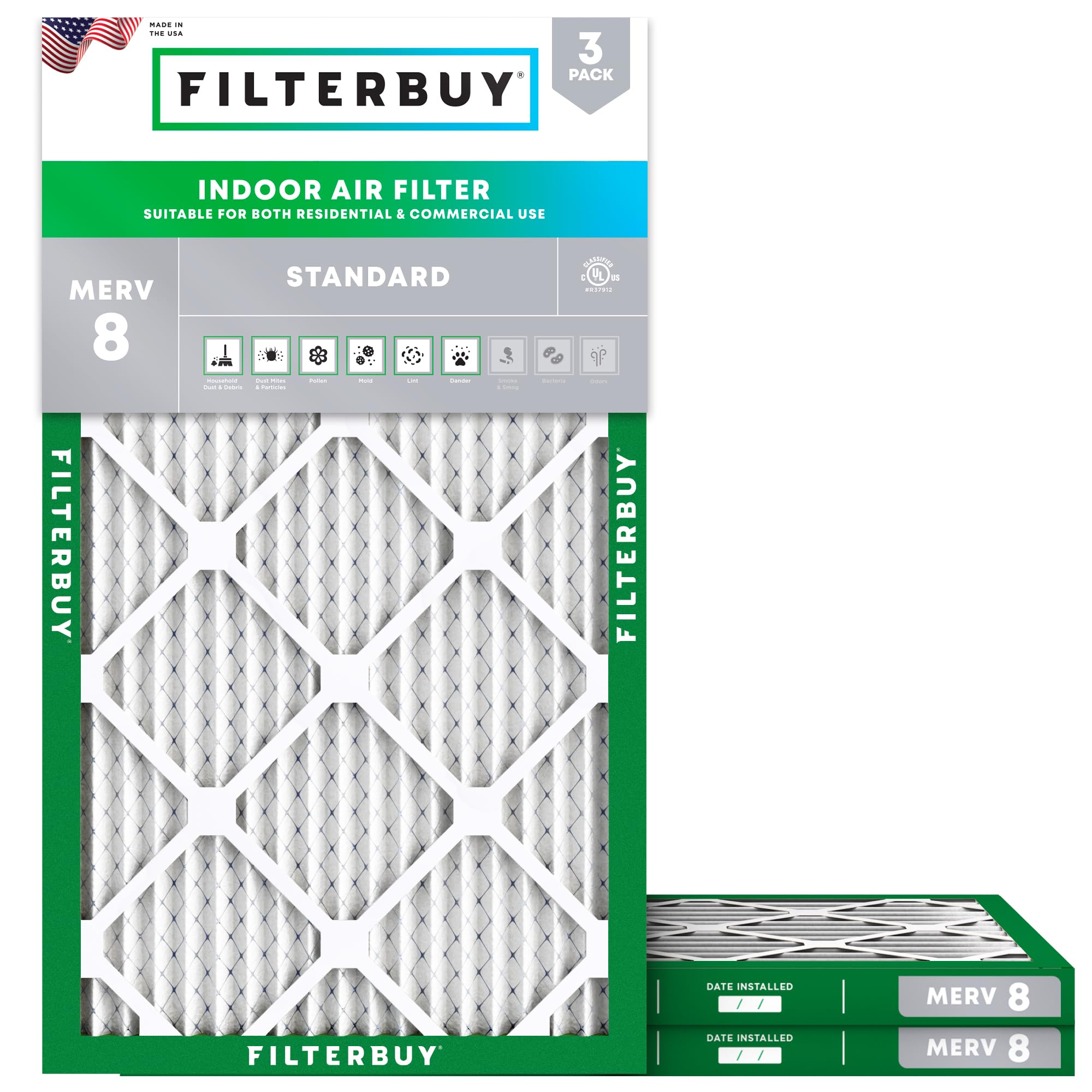 Filterbuy 13x21.5x1 Air Filter MERV 8 Dust Defense (3-Pack), Pleated HVAC AC Furnace Air Filters Replacement (Actual Size: 12.88 x 21.50 x 0.75 Inches)