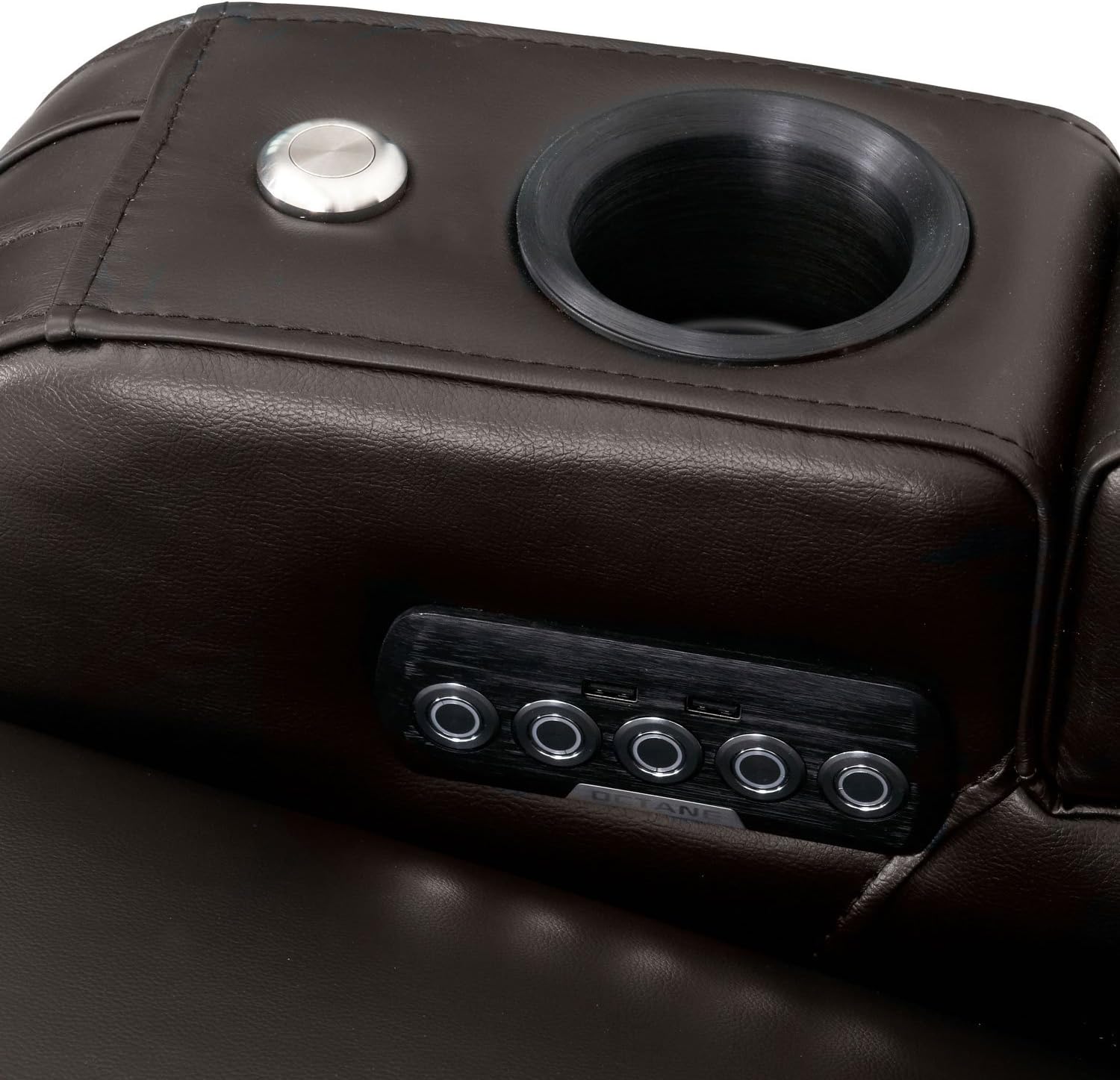 Octane Seating Flash HR Series Home Stadium Seating - Black Top Grain Leather - Power Recline - Motorized Headrest - Lighted Cup Holders (Row of 4 Center Loveseat, Brown)