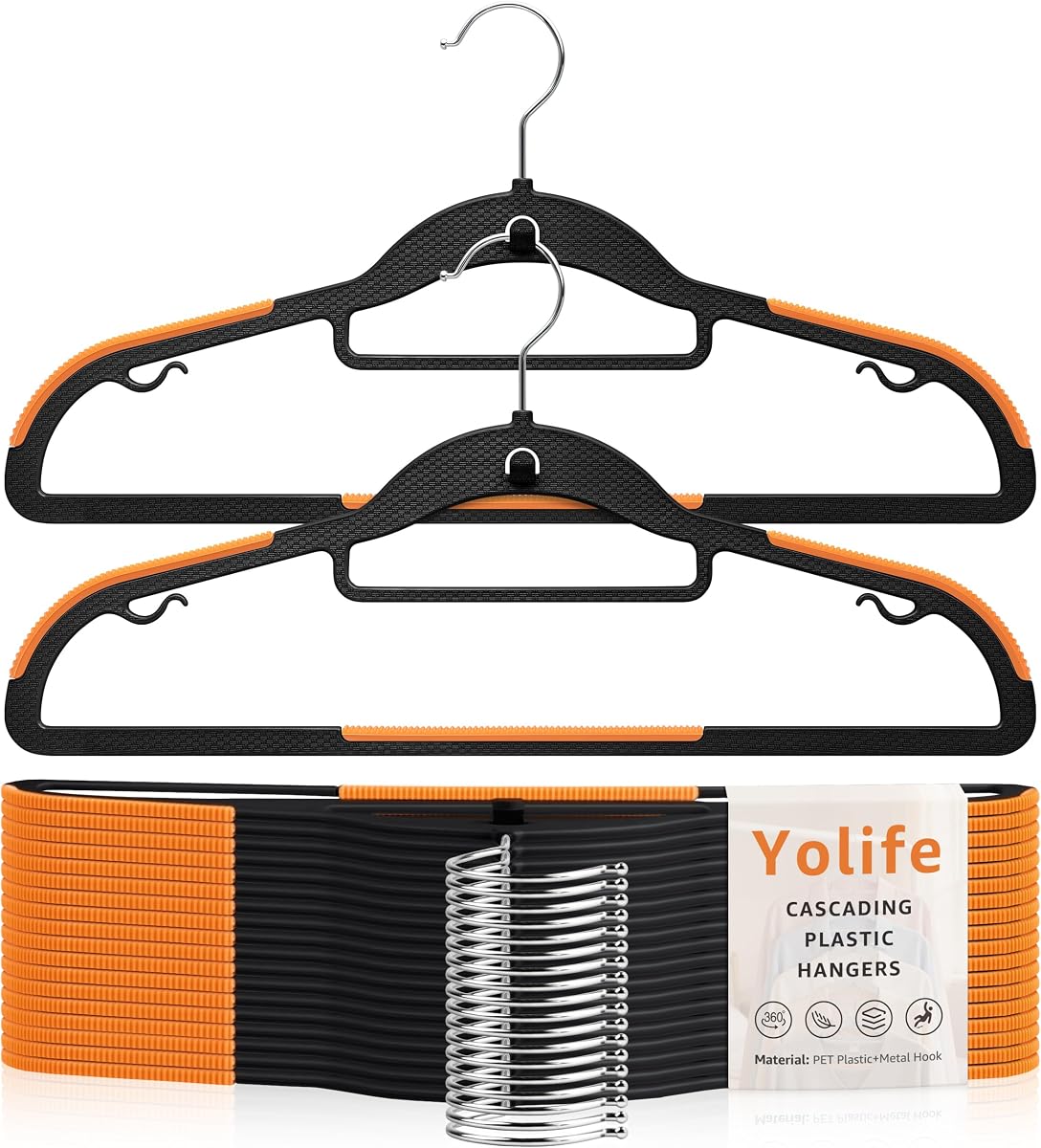 Cascading Plastic Clothes Hangers 10 Pack with Inner Hook for Vertical Storage, Slim Space Saving Hangers with Non-Slip Pads, 360° Swivel Metal Hook, Versatile, Black & Orange