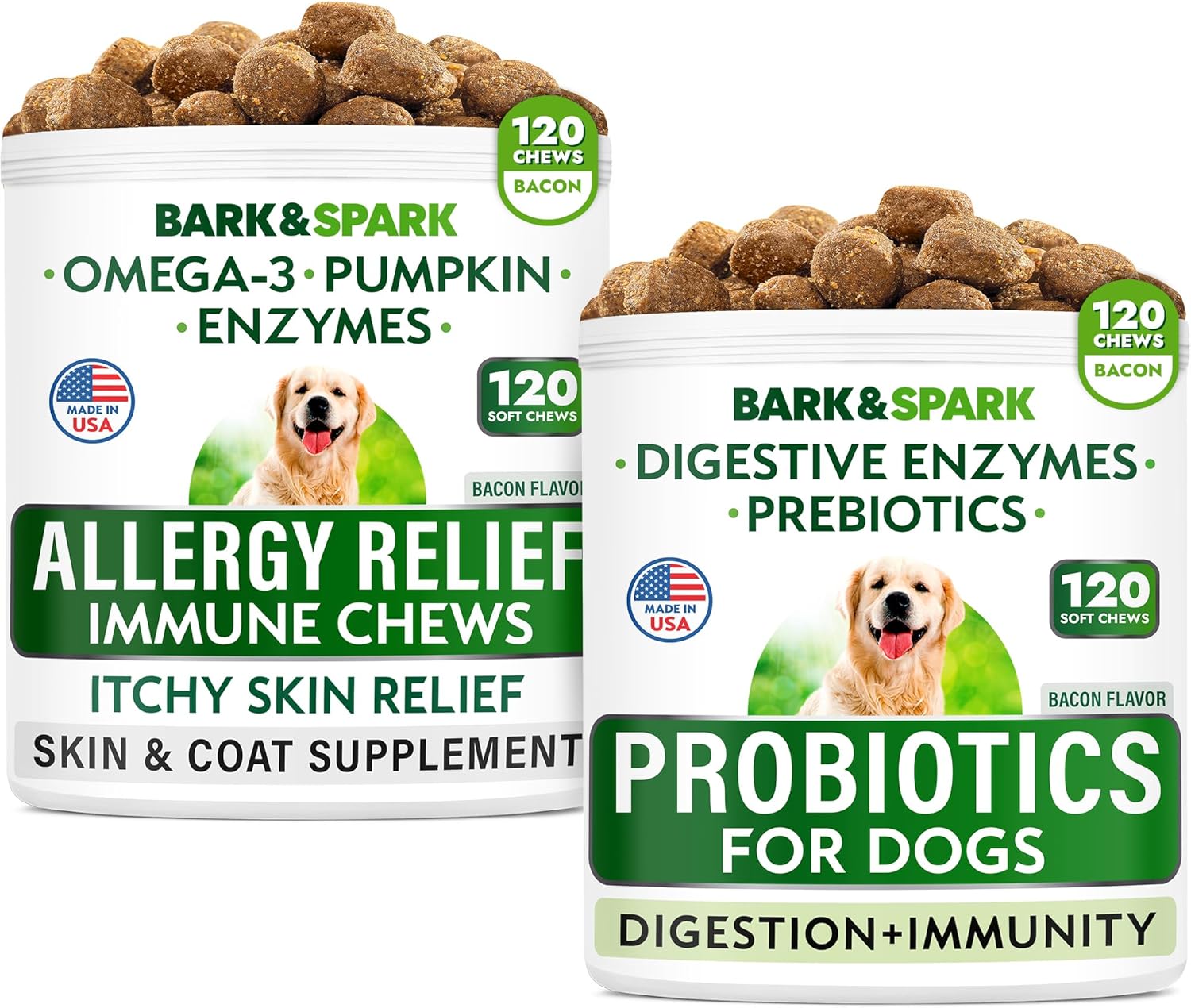 Allergy Relief + Probiotics & Digestive Enzymes for Dogs - Anti-Itch Skin & Coat Supplement - Omega 3 Fish Oil - Gut Health - Pet Diarrhea Gas Treatment, Upset Stomach Relief Pills, Digestion Health