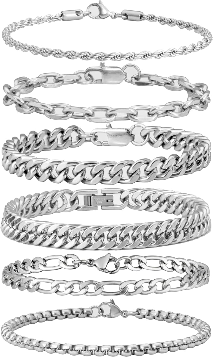 XIANNVXI 6 pulseras de acero inoxidable plateadas/doradas/negras para regalos de hombres | Conjunto de pulseras de cadena de eslabones cubanos de 6,5/7/7,5/8,3/9 pulgadas, accesorios de moda para hombre, conjunto de joyería