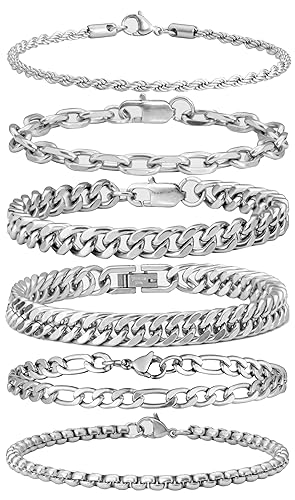 XIANNVXI 6pcs Stainless Steel Bracelets for Men Women Silver/Gold/Black Cuban