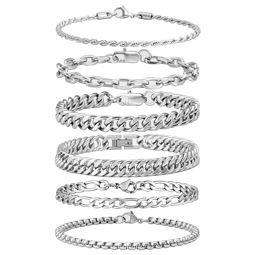 XIANNVXI 6pcs Bracelets for Men Gifts for Him Stainless Steel Bracelet Silver/Gold/Black Cuban Link Rope Paperclip Chain Bracelets Set 6.5/7/7.5/8.3/9 Inches Metal Bracelet Mens Fashion Accessories Jewelry Gifts Set