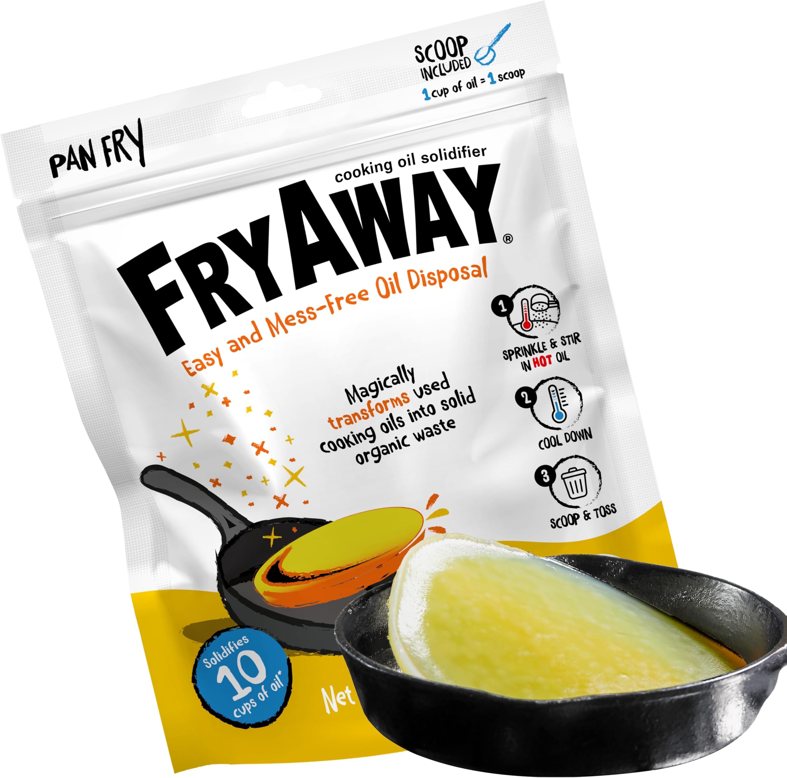 FryAway® Pan Fry Oil Solidifier, 4 Packets, Solidifies 8 Cups, Shark Tank | Plant-based grease disposal powder for used cooking oil, bacon fat and frying grease. Keeps clogs out of your kitchen drain
