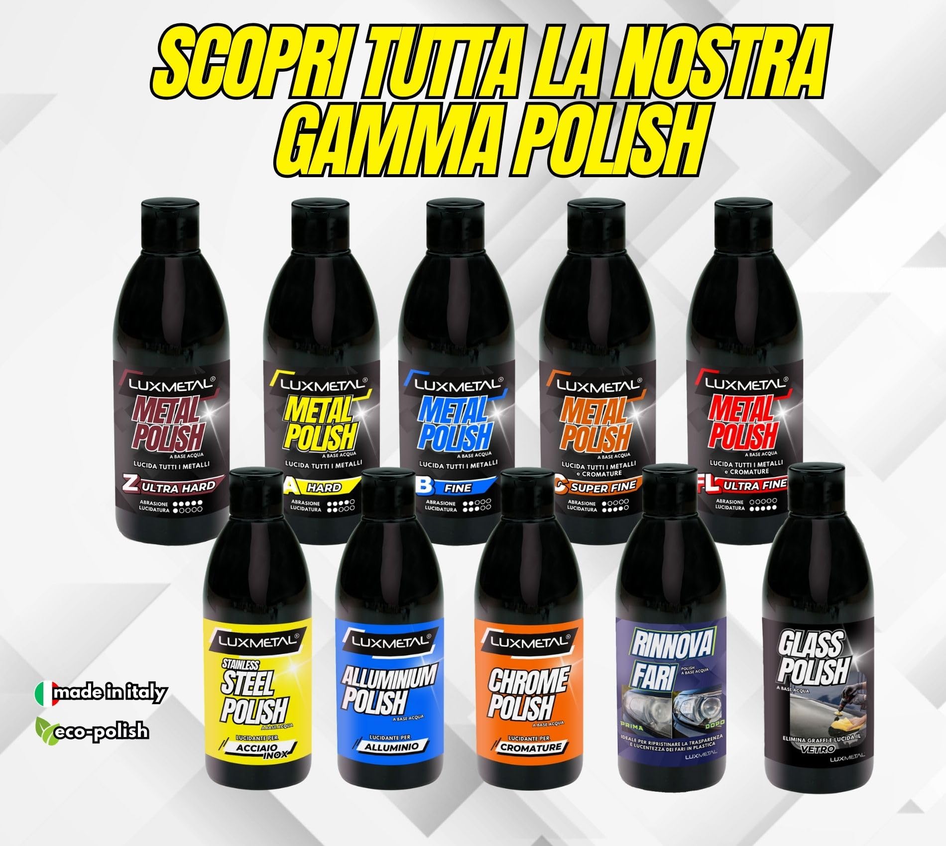 Lux Metal - Kit 5 Metal Polish Lucidante 250 gr FL-A-B-C-Z Ultra Hard/Hard/Fine/S. Fine/Ultra Fine Pasta abrasiva lucida metalli acciaio inox alluminio ottone bronzo rame auto carrozzeria moto barca