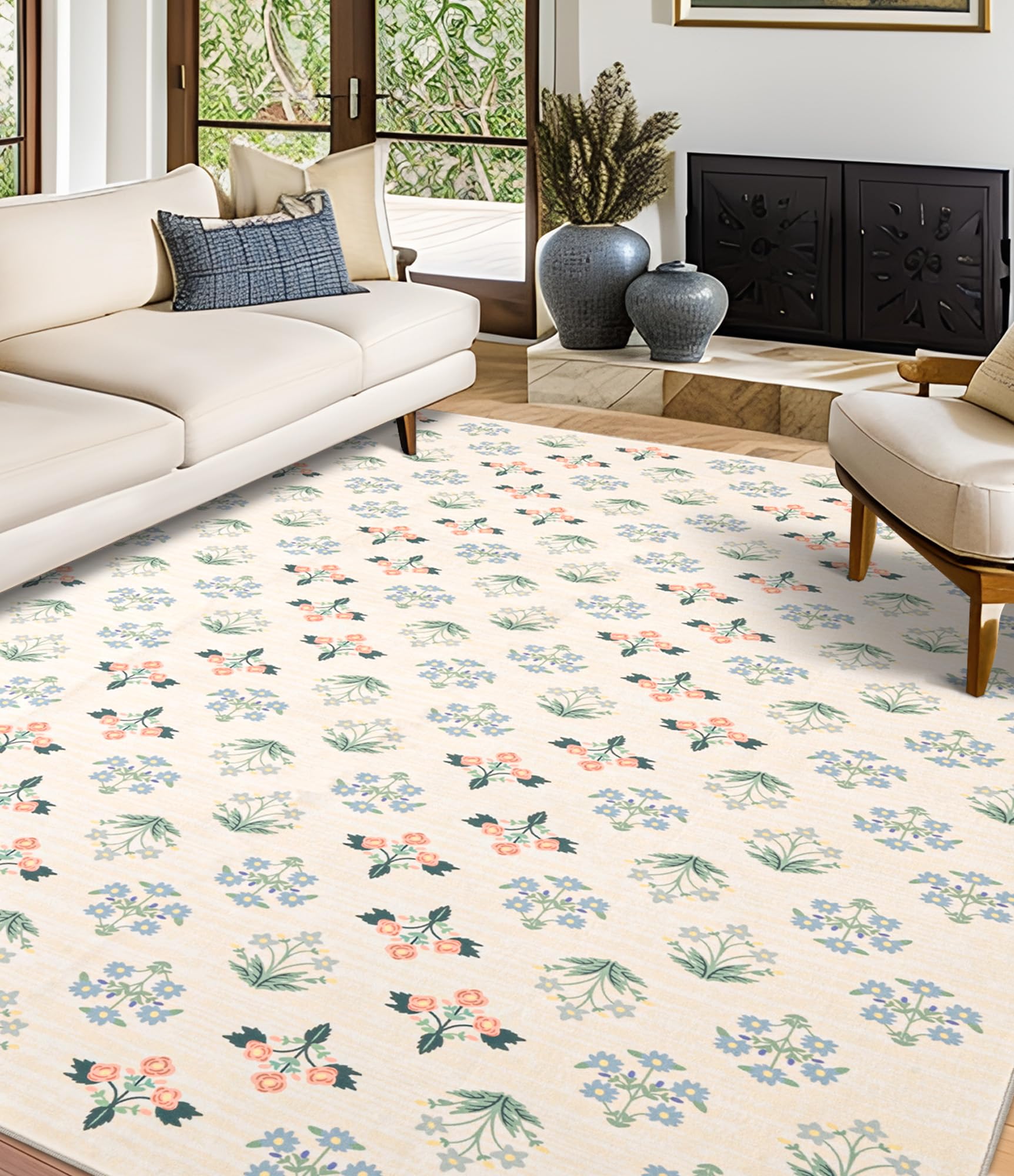 YIHOUSE Floral Beige Washable Area Rug 6'x9' - Large Colorful Living Room Rug Ultra-Thin Non-Slip for Bedroom, Nursery, Playroom (Cream, 9x6ft)