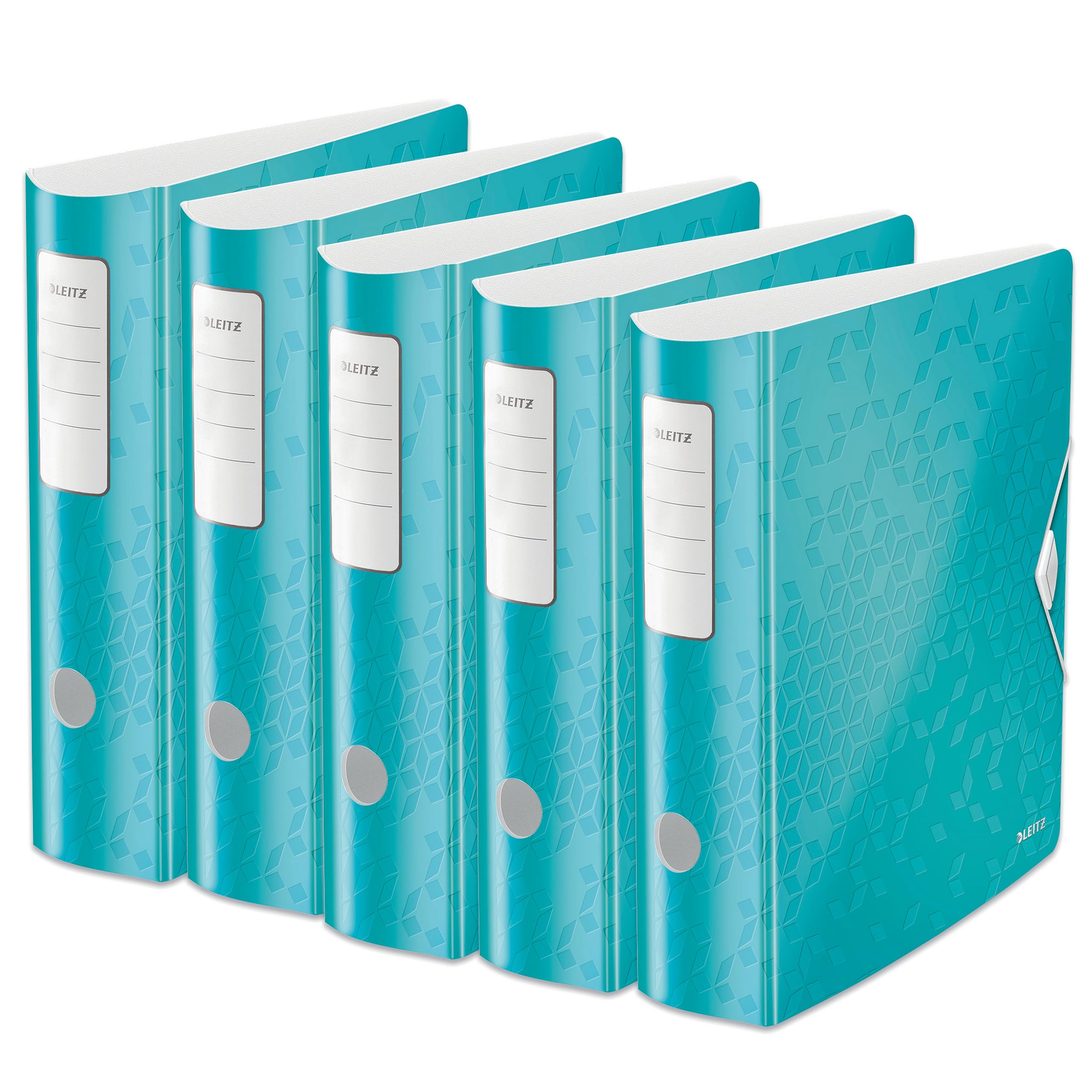Leitz Qualitäts-Ordner 180° Active WOW, 5er Pack, A4, Breit, Abgerundeter Rücken, 8,2 cm breit, Gummibandverschluss, Leichtes Polyfoam, Plastik-Ordner, WOW Serie, Eisblau, 11060051