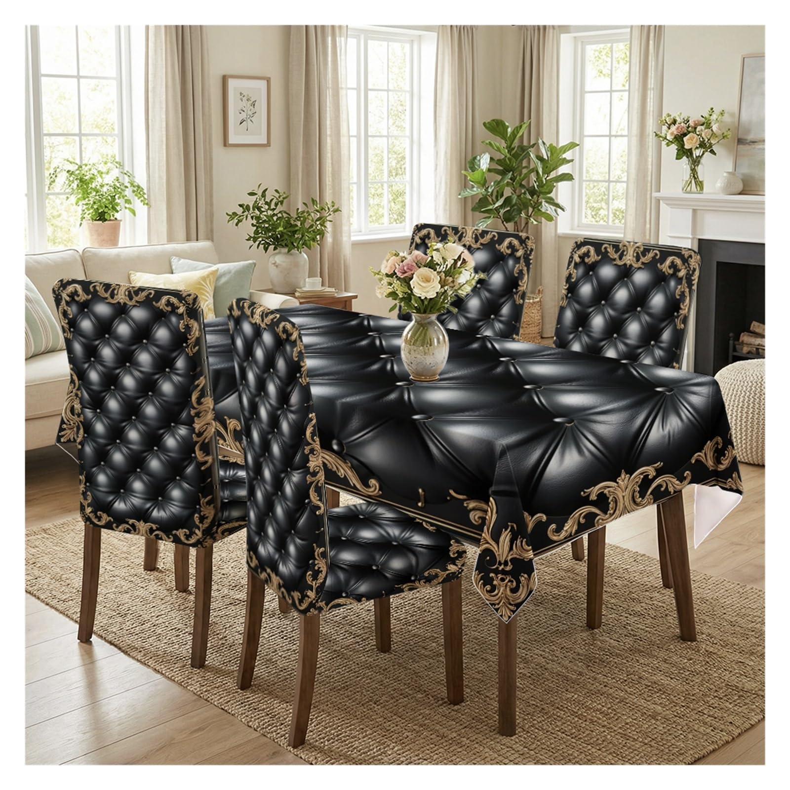 KXUAUV Black Tufted Baroque Print Tablecloth & Chair Covers Set, Slipcovers For Dining Room, Kitchen, Banquet & Gothic Decor, 5/7 Pack Party Decor(5pcs Set: Tablecloth+Chair Covers)