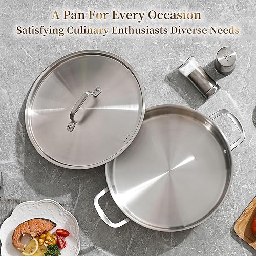 Miniatura 6 de DELARLO Sartén de acero inoxidable de tres capas de 8 cuartos de galón con tapa, olla Rondeau de inducción con tapa de 12 pulgadas de profundidad,