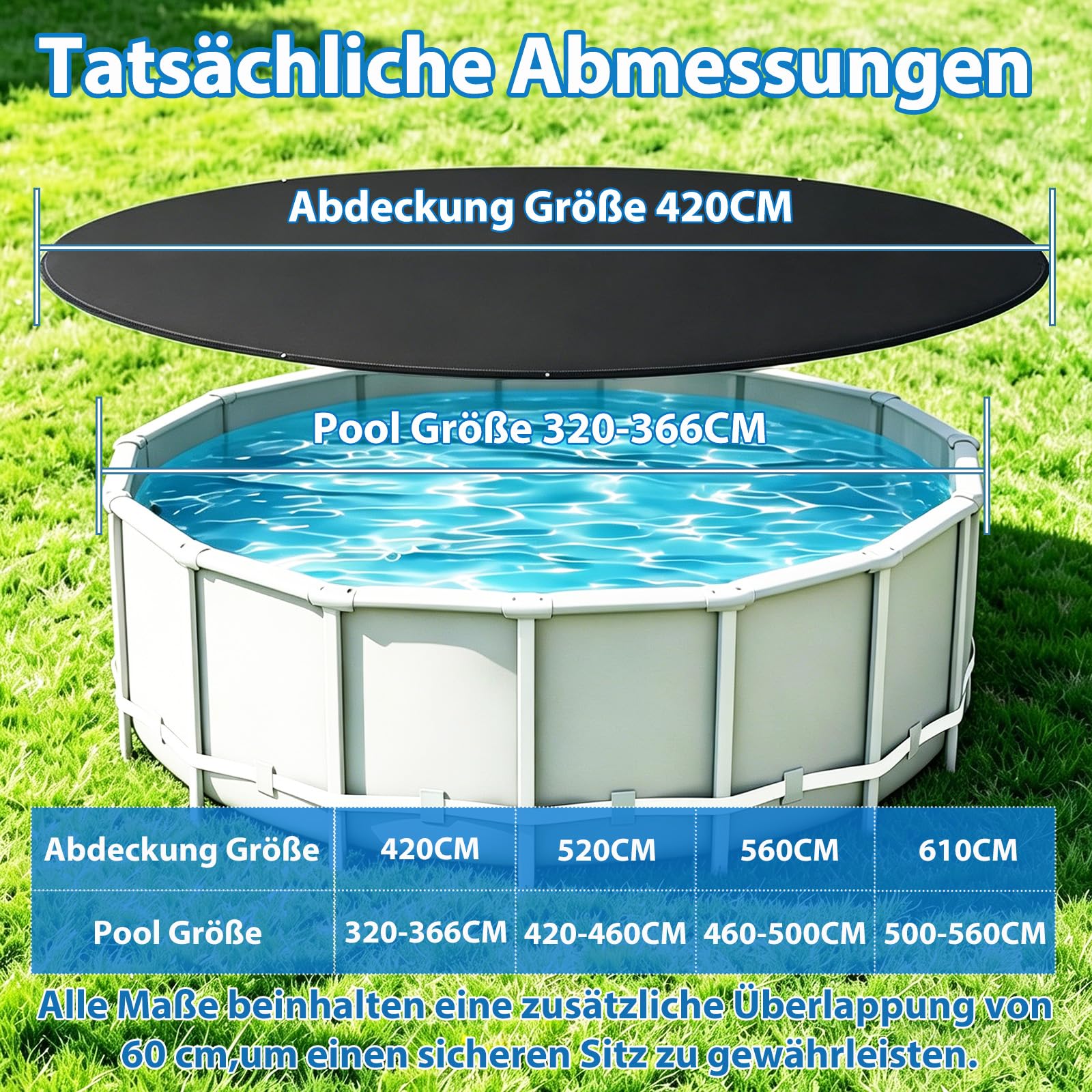 Bâche de Piscine Ronde pour piscines Ø 320-366 cm, bâche Solaire résistante aux UV, en polyéthylène de 200 g/m², bâche de Protection pour l'été et l'hiver, Ø 420 cm