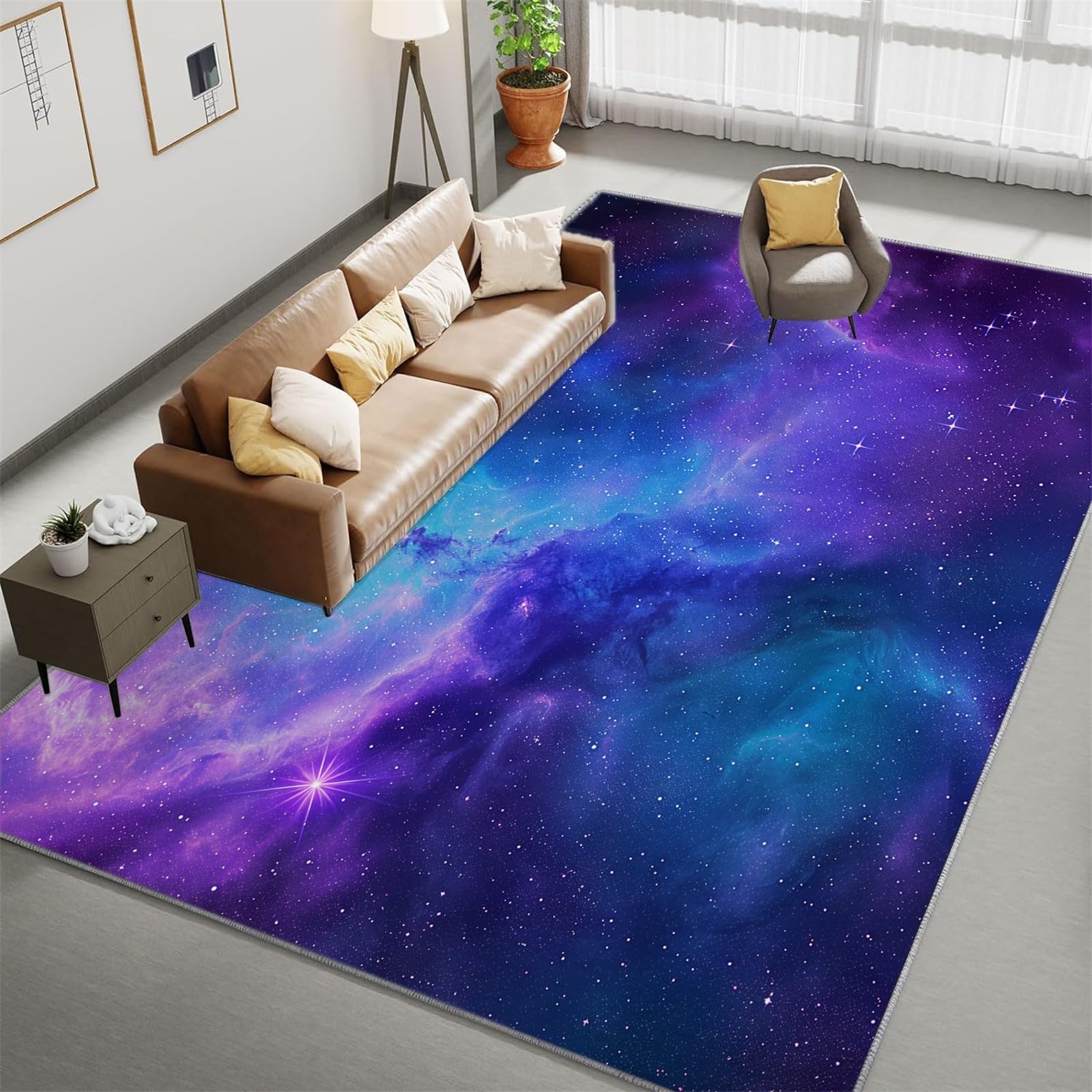 Rutschfester Teppich 120 x 170 cm, Traumgalaxie Nebel Kurzflor Läufer für Wohnzimmer, Lila Weicher Rechteckiger Teppich für Schlafzimmer, Waschbarer Teppichläufer Deko