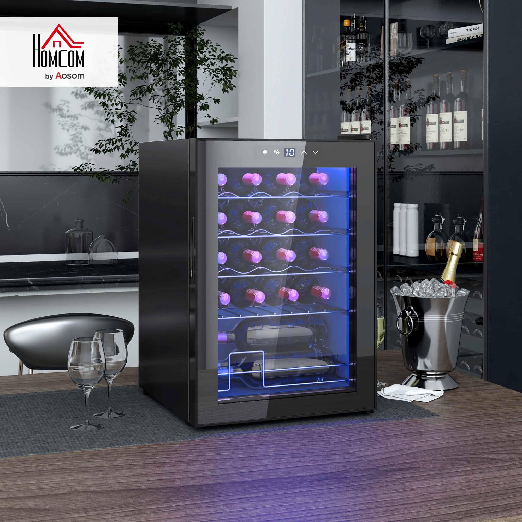 HOMCOM Cave à Vin 20 Bouteilles 53L, Réfrigérateur à Vin Silencieux Porte Verre LED Écran Tactile Numérique Contrôle Température 5-18°C Protection UV Noir