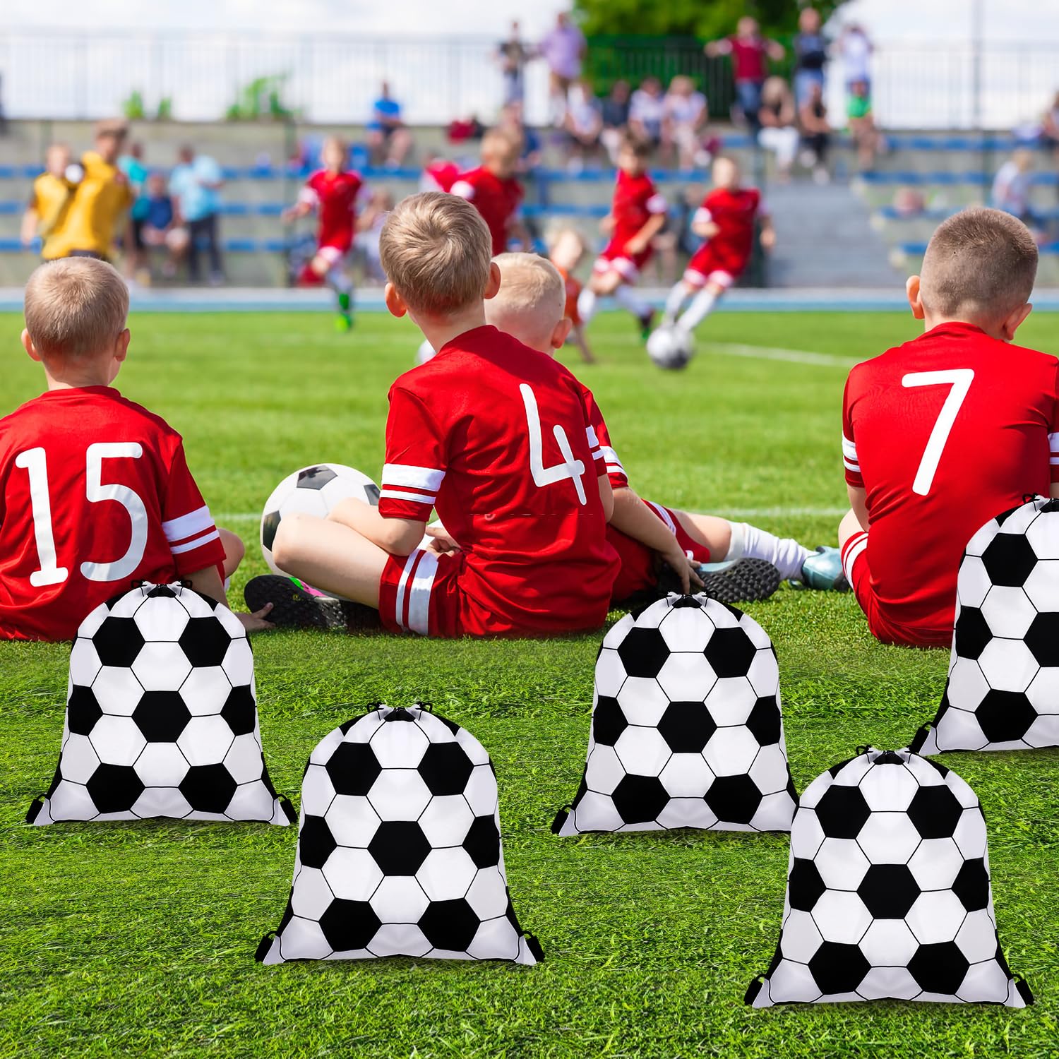 24 Pièces Sac de Cadeau de Fête de Football, 34 x 27cm Sac à Dos avec Cordon de Serrage Sachets Cadeau Foot Friandises Sac de Cadeaux pour le Thème du Sport Fête d'Anniversaire Fournitures