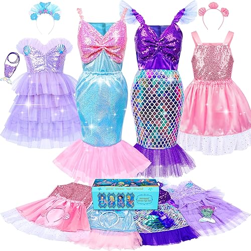 Jeowoqao Mermaid Princess Dress Up Costume, Girls Dress Up Pretend Play Clothes Gift 13Pcs Princess Costume for Little Girls Age 3-6 Years