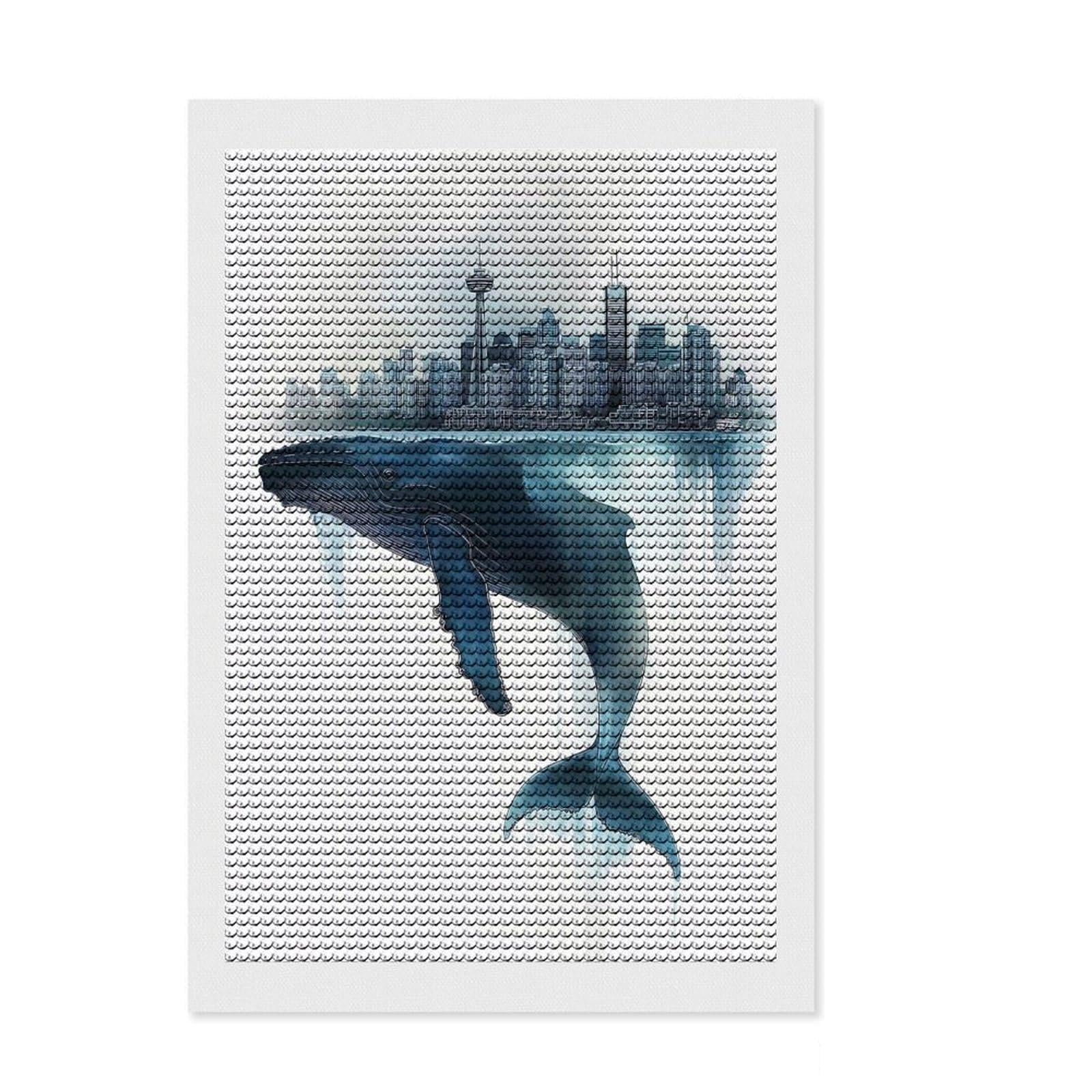 Junmoney Whale and Cityscape Round Drill Diamond Painting 8"x12", Easy to Enjoy, Stress Relief Craft, Bedroom Decor, Thoughtful Handmade Gift