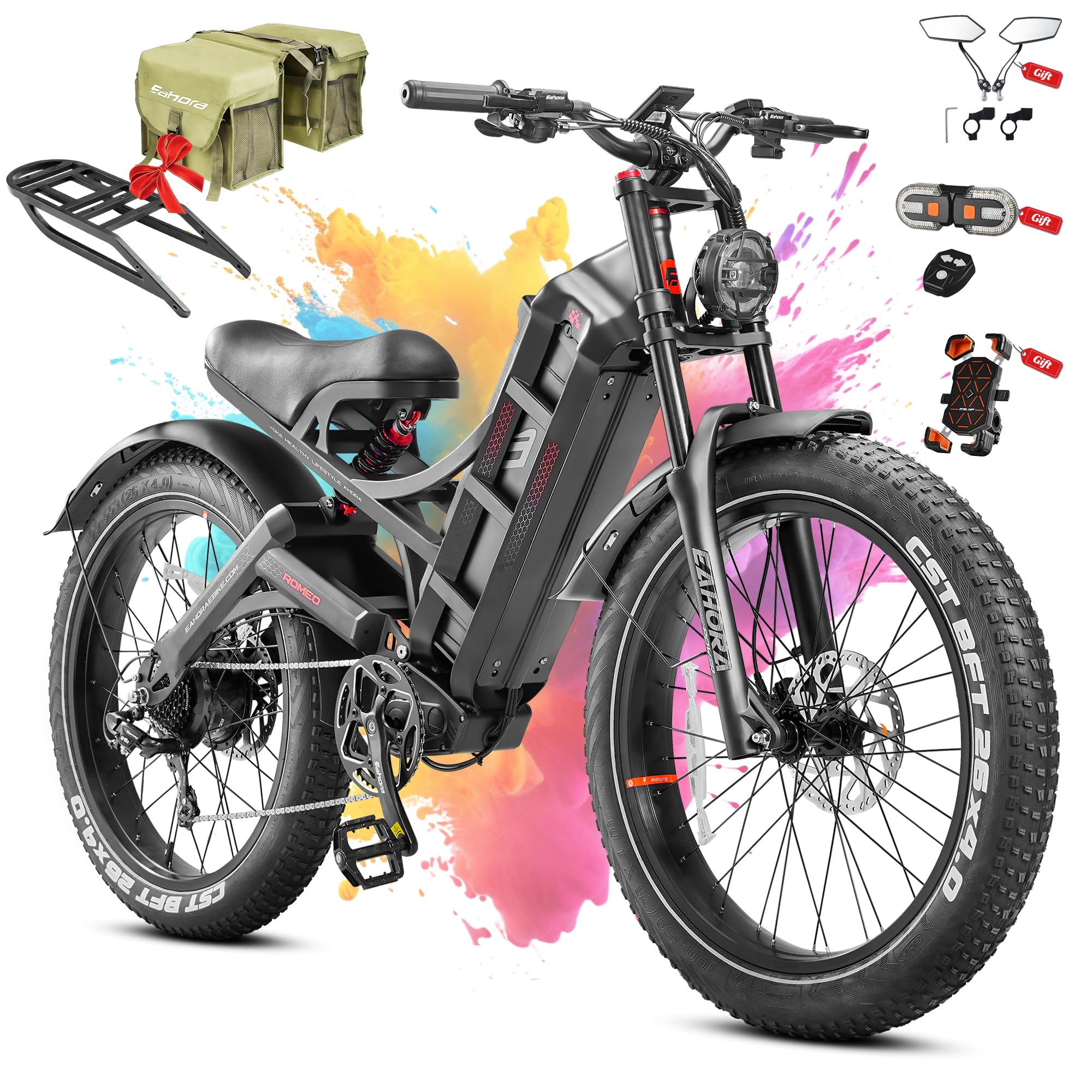 2026 eAhora Romeo Pro 3/2 52-46 Mph Electric Bike for Adults, 6000W/4000W/2500W Dual Motor Ebike 60V 80Ah/52V 70Ah Battery 235+Miles Long Range, 26*4.0"/20*4.5" Fat Tire, Full Suspension, All Terrain