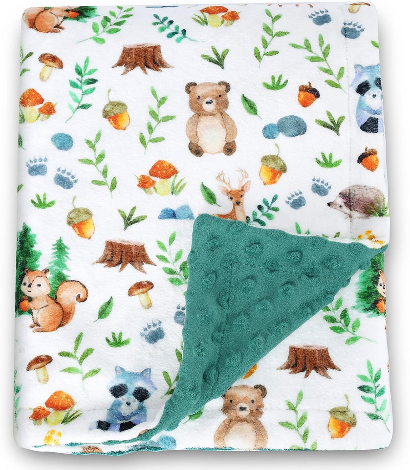 Woodland Animals Baby Boy Dot Plush Blanket Green Fleece Deer Bear
