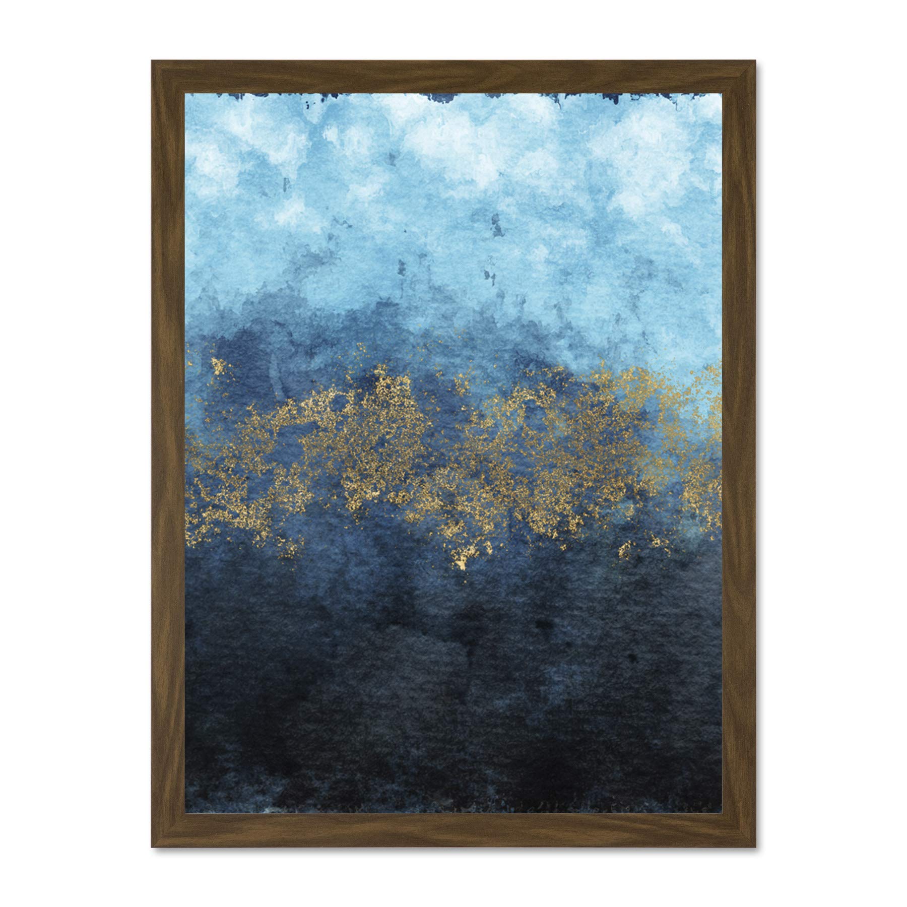 Artery8 Abstract Blue Gold Watercolour Large Framed Wall Art Print - W18 x H24 inch