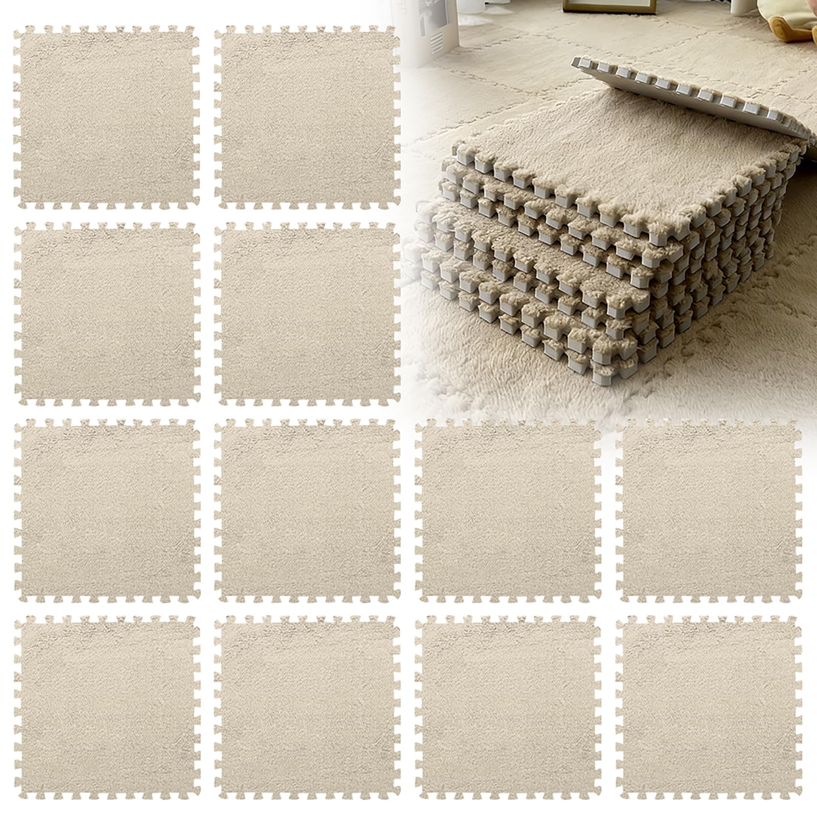 12 Piece Interlocking Foam Mats, Fluffy Floor Tiles 30x30 cm