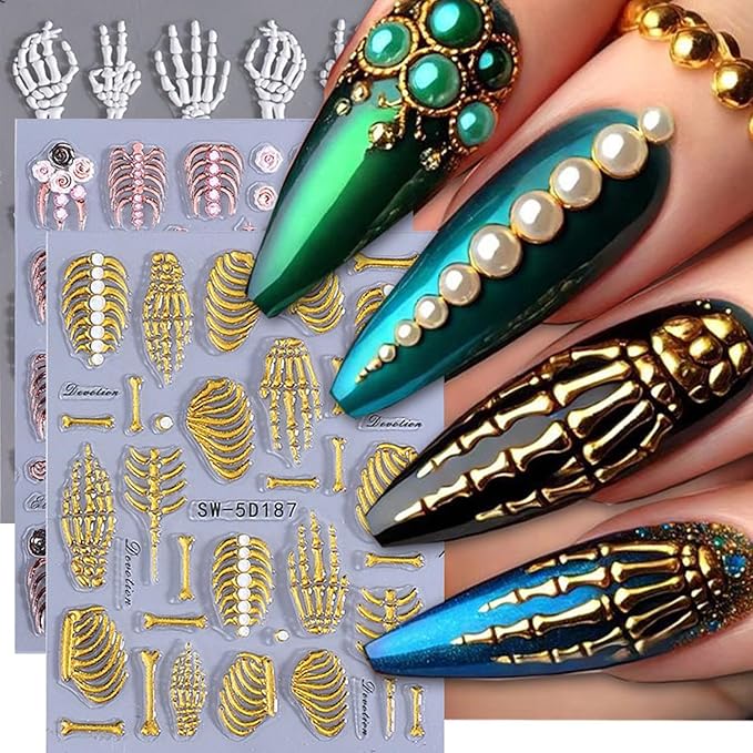 3Sheets Halloween Skeleton Nails Stickers Embossed Skull Hand Bone Rose Flower Nail Art Stickers 5D Self-Adhesive Nail Decals for Fingernails DIY Nails Halloween - DIY Manicure Tips Nail Accessories