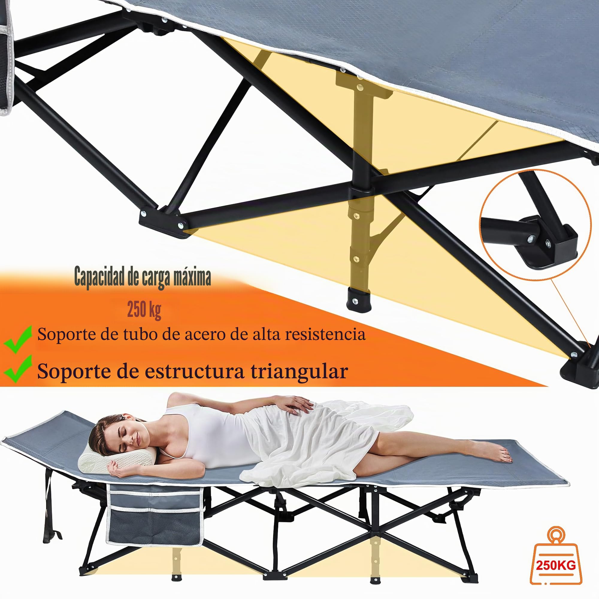 ACXIN Cama de campo, cama de camping estable, plegable, de hasta 250 kg con bolsa de transporte y bolsa lateral, ideal para viajes al aire libre, interior, camping, camas de invitados, playa y jardín