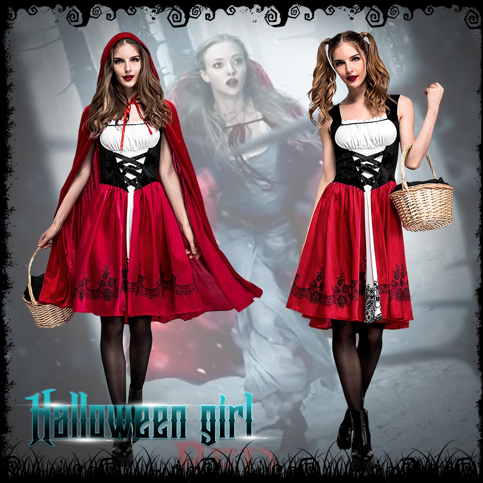 Karneval Rotkäppchen Kostüm Damen: Halloween Hexe Prinzessin Kleid und Umhang mit Kapuze Erwachsene - Hexenkostüm Little Red Riding Hood Outfit für Fasching Cosplay Carnival