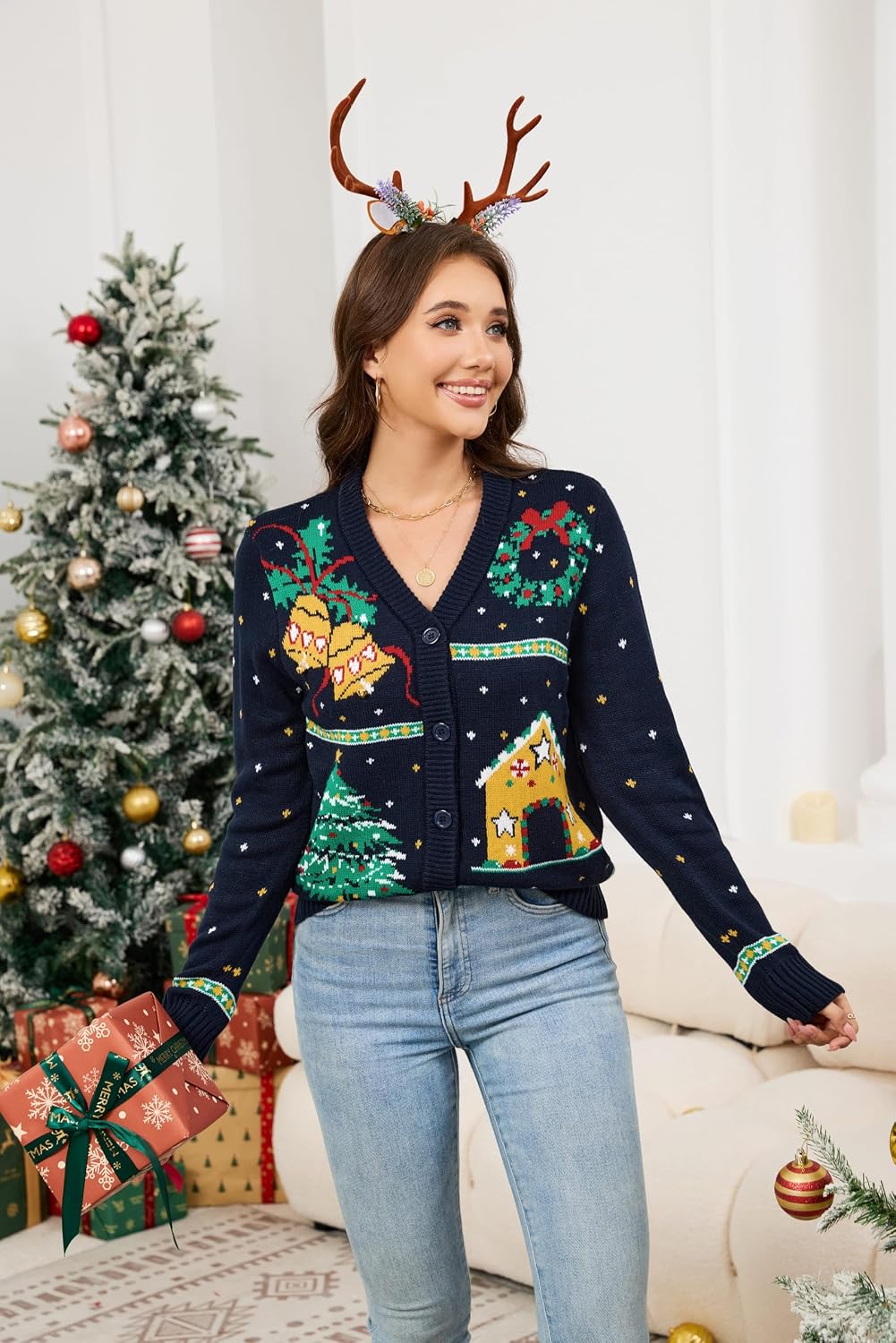 LUBOT Ugly Christmas Sweaters for Women Cute Fuzzy Funny Wintertime Holiday Parties Knitted Casual Cardigan Sweater
