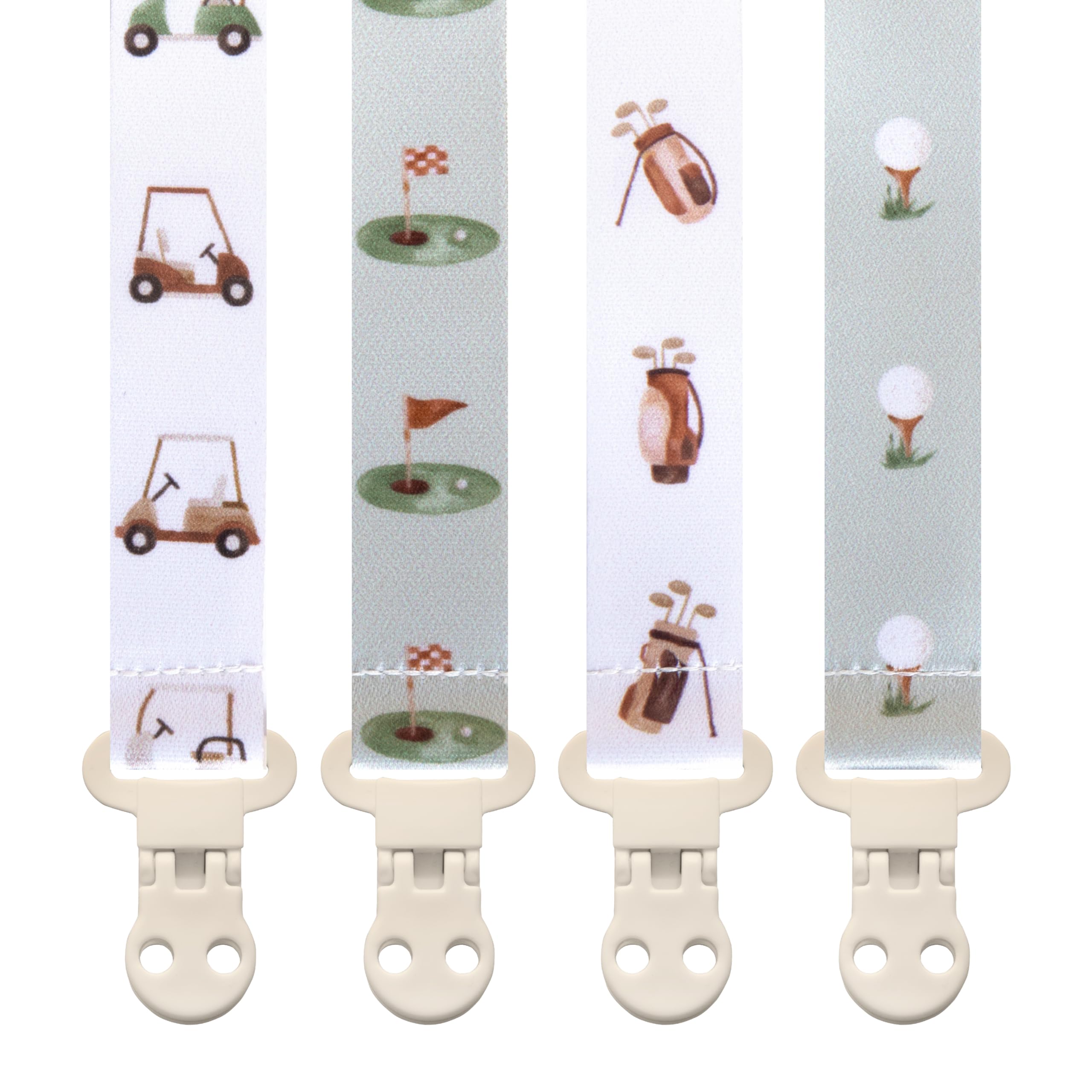 Stadela Baby Pacifier Clip Holder - Girl or Boy Unisex 4 Pack Gift Set – Neutral Modern Golf Theme Green Brown Beige