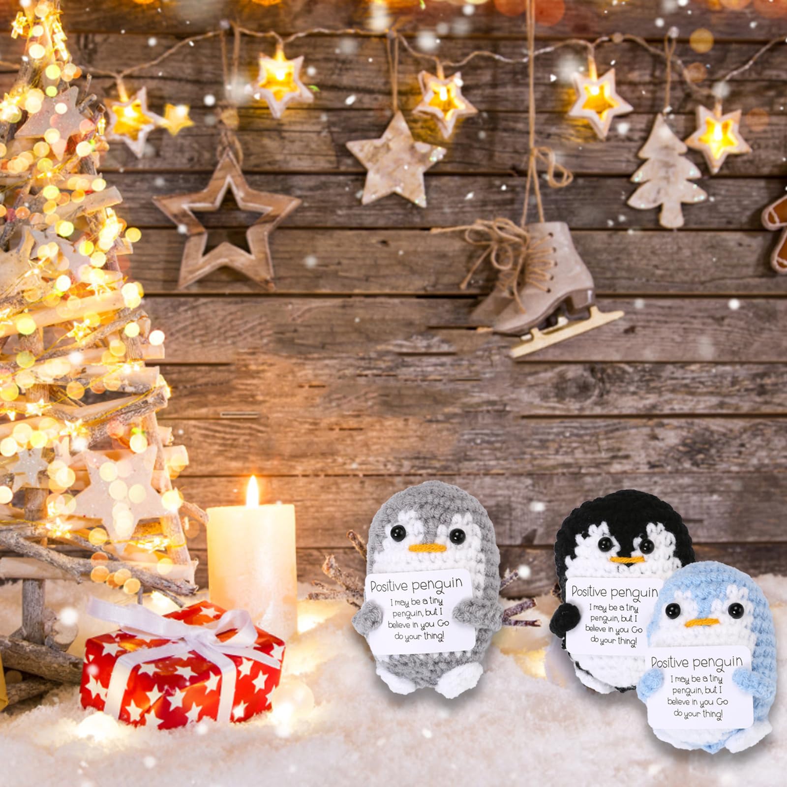 Mini Pingüino Positivo De Lana Tejido – Muñeco De Bolsillo 7.5cm Con Tarjeta Motivadora, Regalo Original Y Decoración