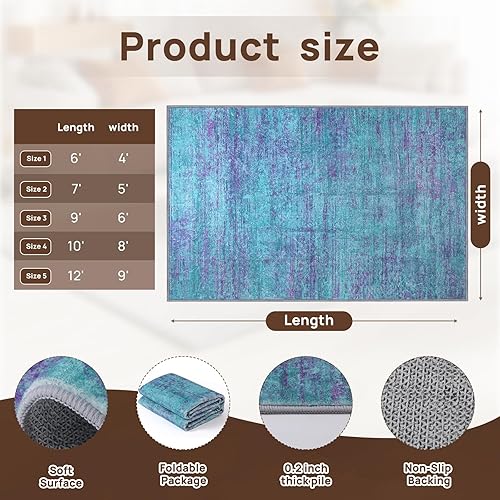 Miniatura 6 de Alfombra abstracta de 5 x 7 pies, moderna, color verde azulado y morado, para sala de estar, lavable, suave, grande, antideslizante, para comedor,