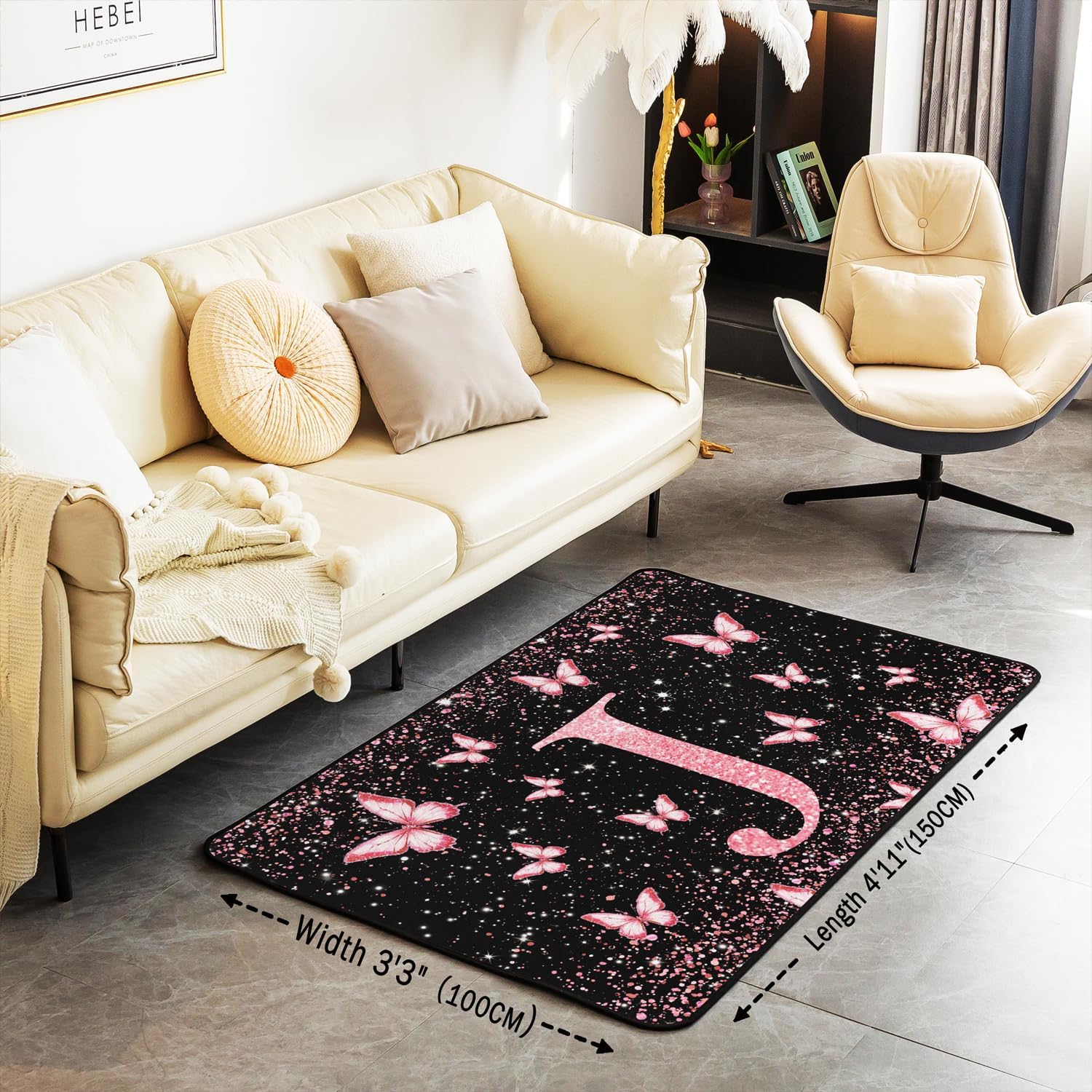 Feelyou Pink Butterfly Area Rug 3x5 Polyester Individual Letters J Living Room Rugs for Bedroom Glitter Print Decor Carpet Pretty Animal Indoor Floor Mat Soft Non-Slip