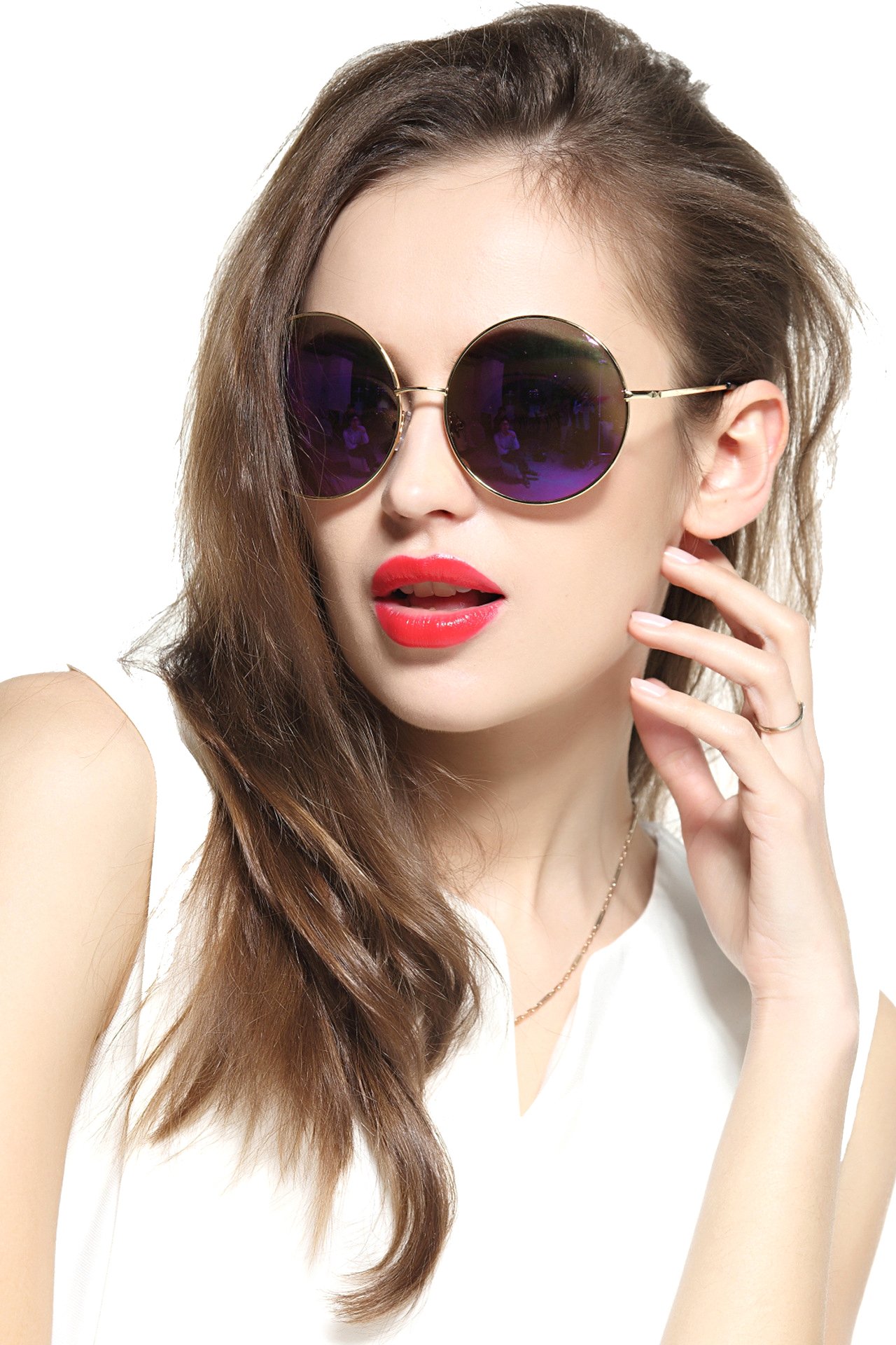 Occhiali da sole da donna oversize cerchio rotondo mirrored hippie, montatura in metallo viola X-Large, Lilla
