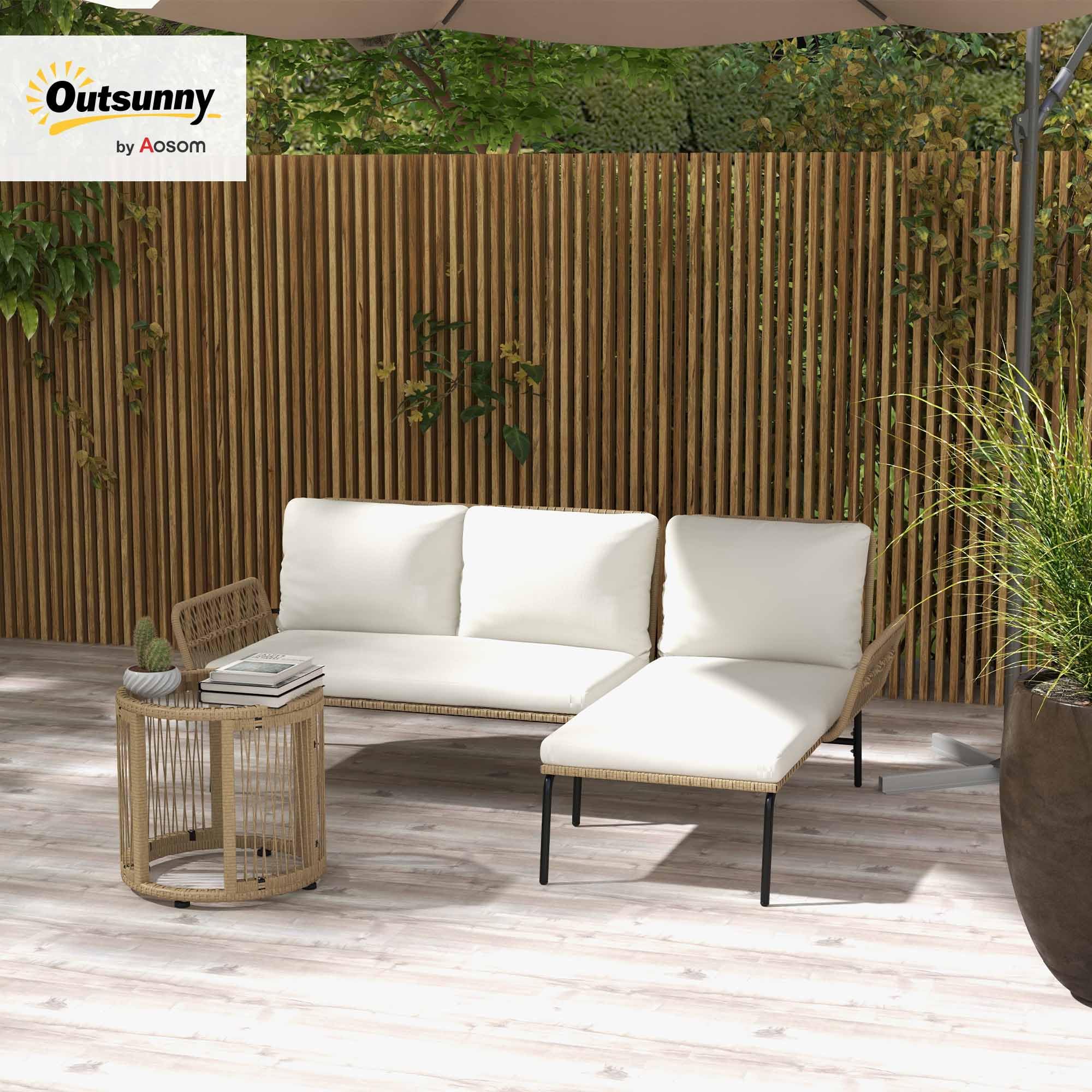 Outsunny Salon de Jardin Extérieur d'angle 3 Places Modulable Patio Crème | Résine Tressée, Canapés, Chaise Longue, Table Basse en Verre, Coussins, Mobilier de Jardin, Terrasse